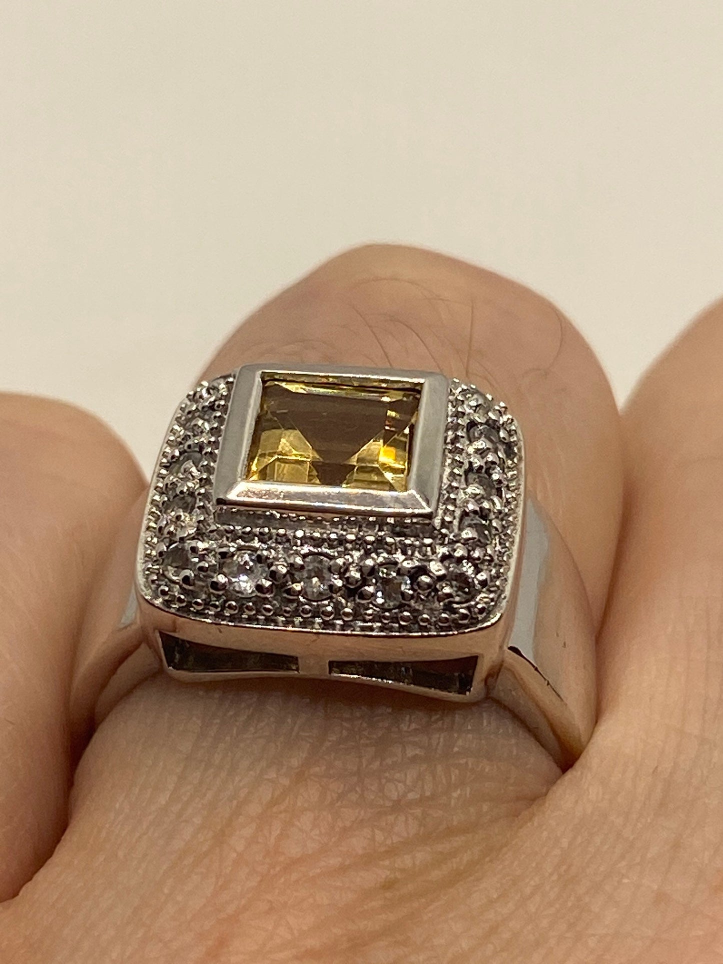 Vintage Golden Citrine and White Sapphire 925 Sterling Silver Ring