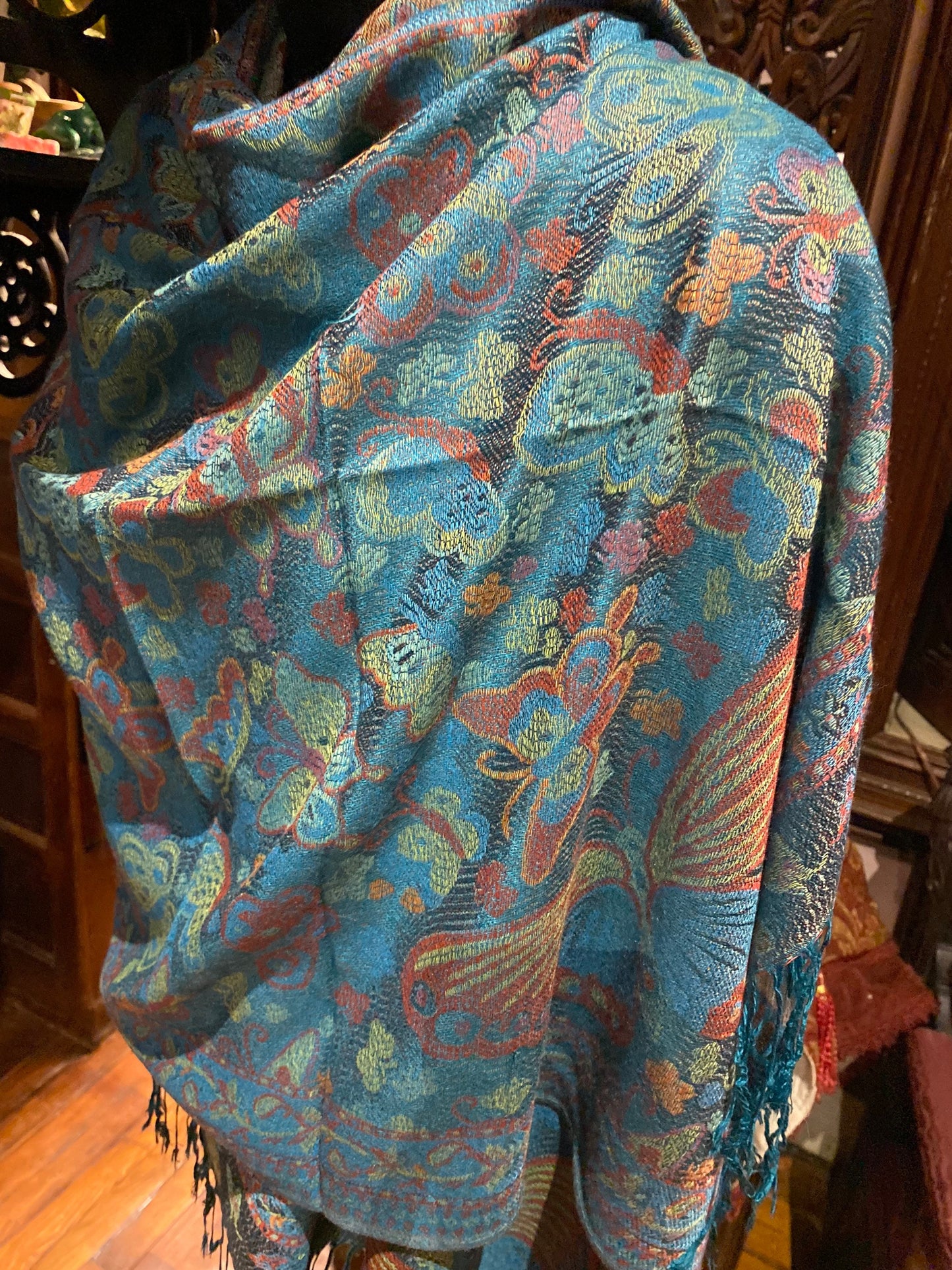 Vintage Jamawar Paisley Butterfly Brocade Pashmina Scarf Wrap Shawl