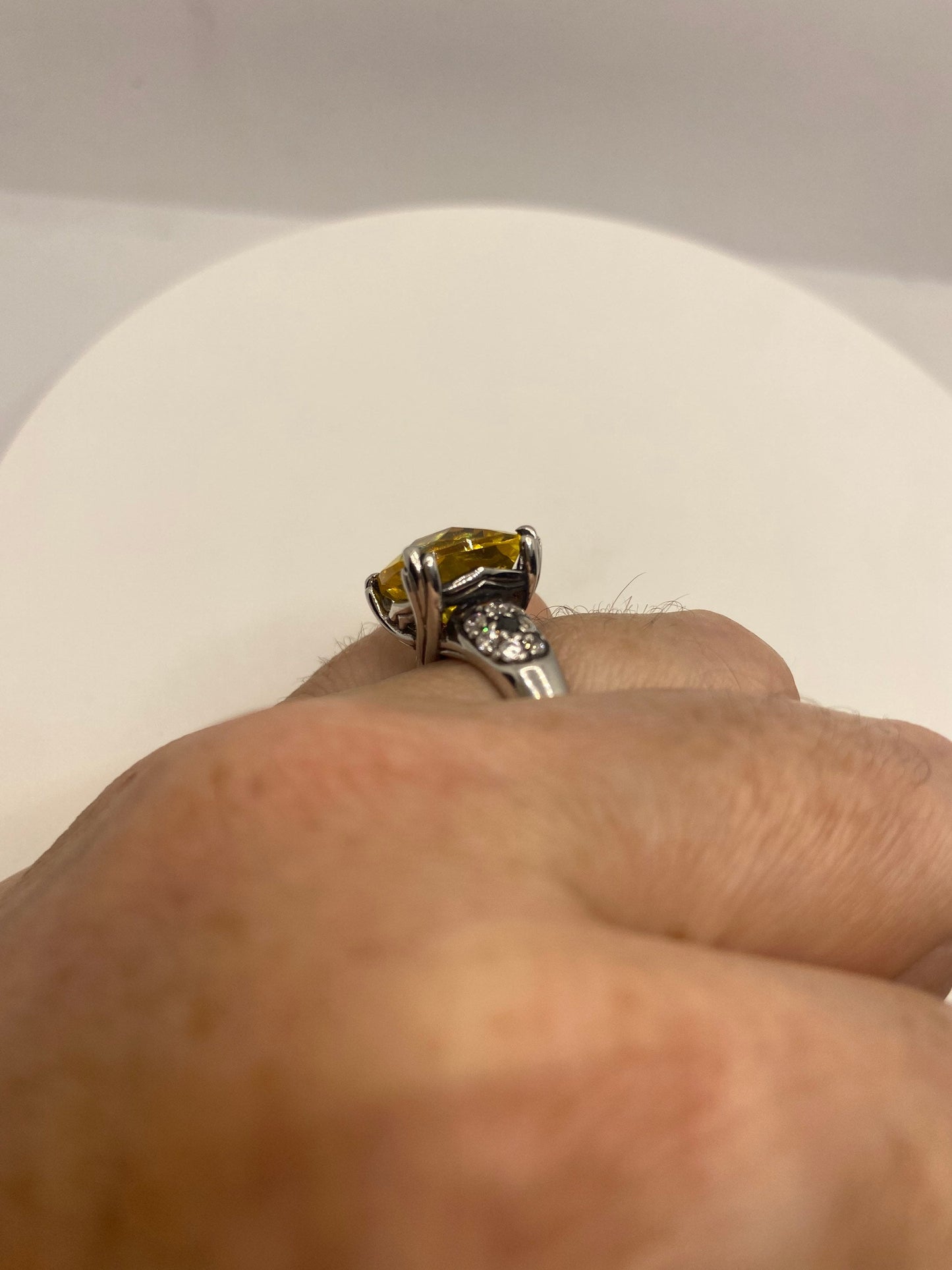 Vintage Golden Citrine and White Sapphire 925 Sterling Silver Cocktail Ring
