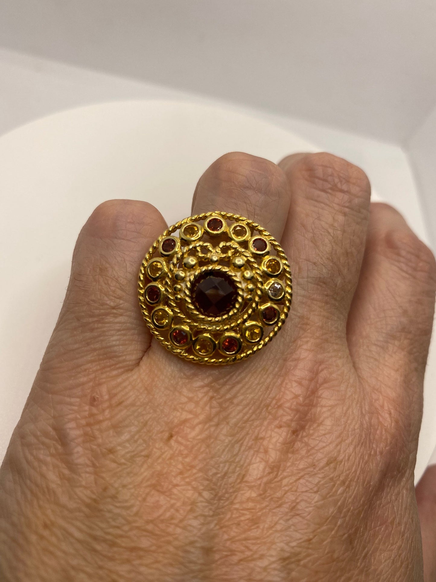 Vintage Red Bohemian Garnet Ring Golden 925 Sterling Silver Cocktail Statement