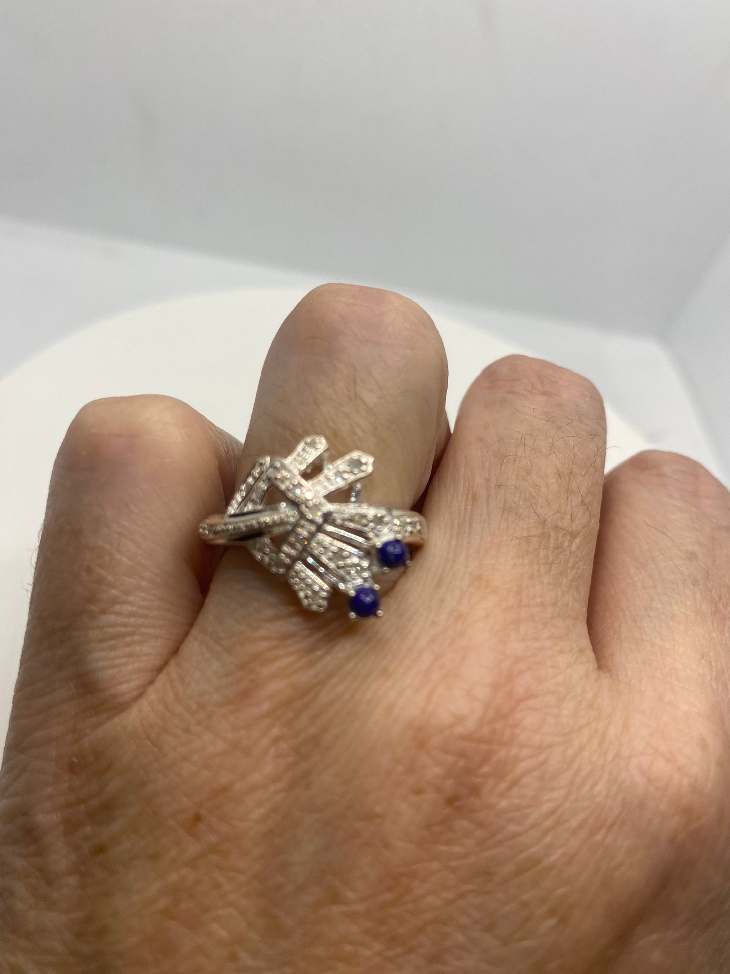 Vintage Handmade Deep Blue and White Sapphire 925 Sterling Silver Gothic Ring