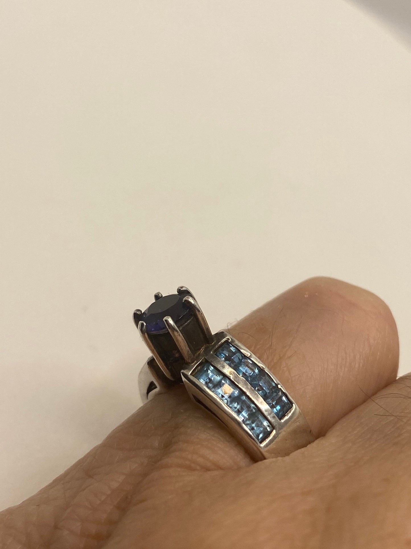 Vintage Handmade Deep Blue Iolite Setting 925 Sterling Silver Gothic Ring size 5