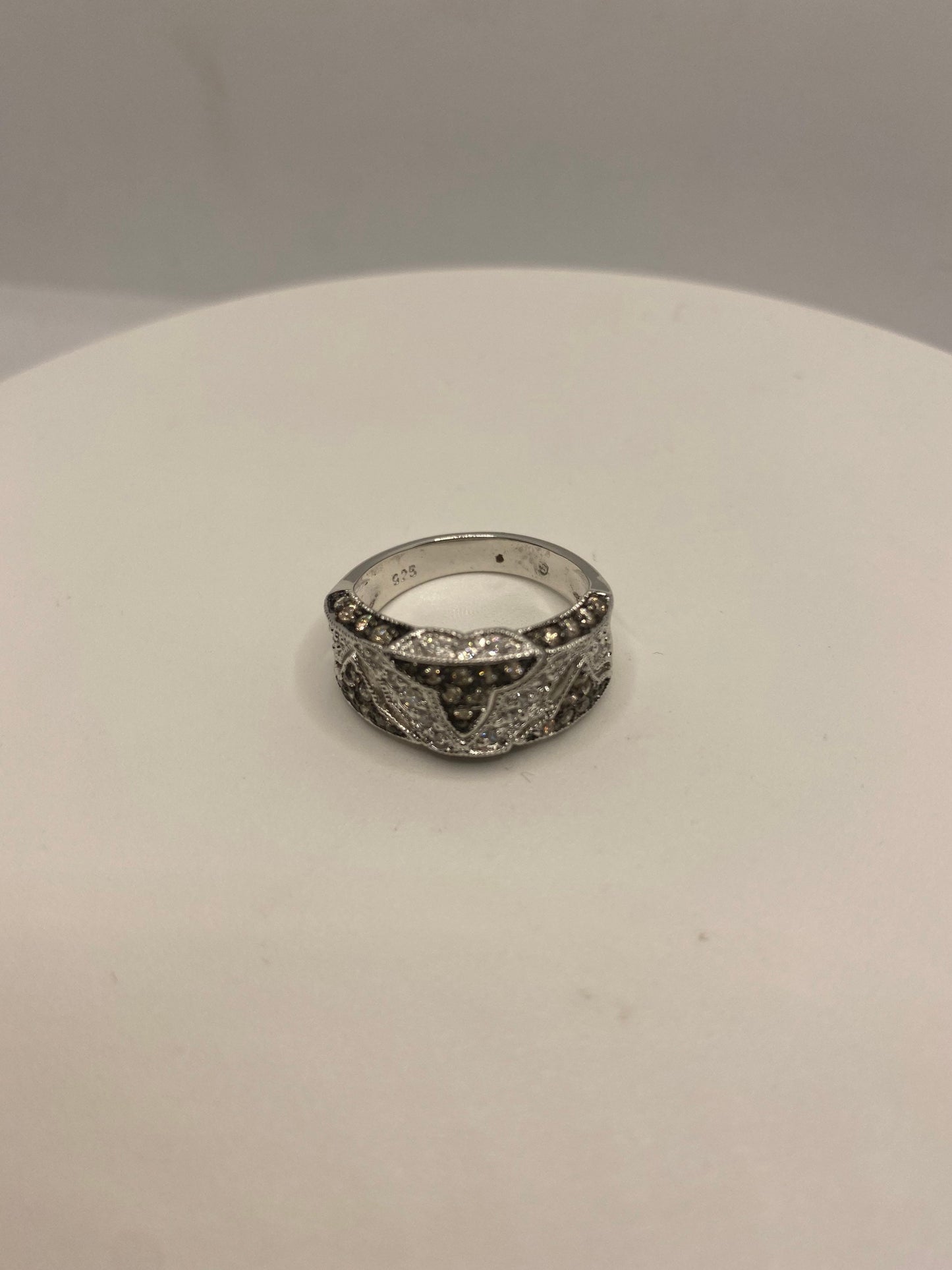 Vintage Campaign Diamond and White Sapphire 925 Sterling Silver Cocktail Rose Ring