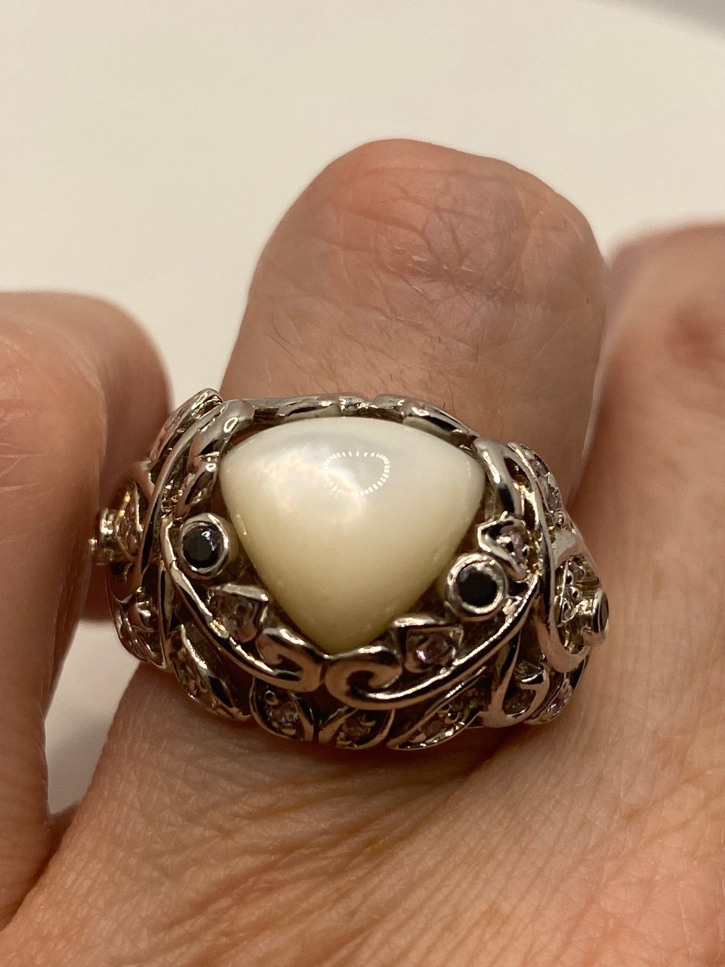 Antique White Mother of Pearl Filigree Sterling Silver Ring