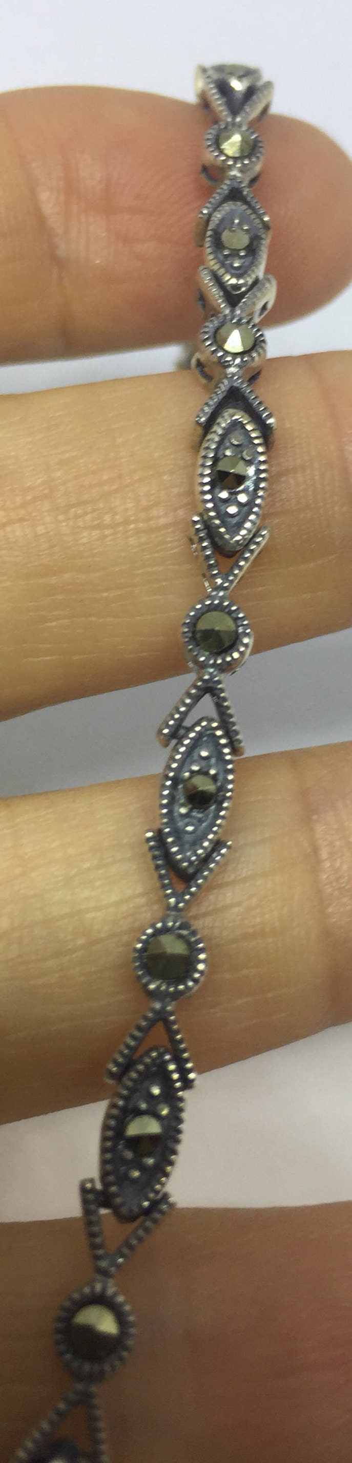 Marcasite Bracelet in 925 Sterling Silver Vintage Handmade 7.5 Inch