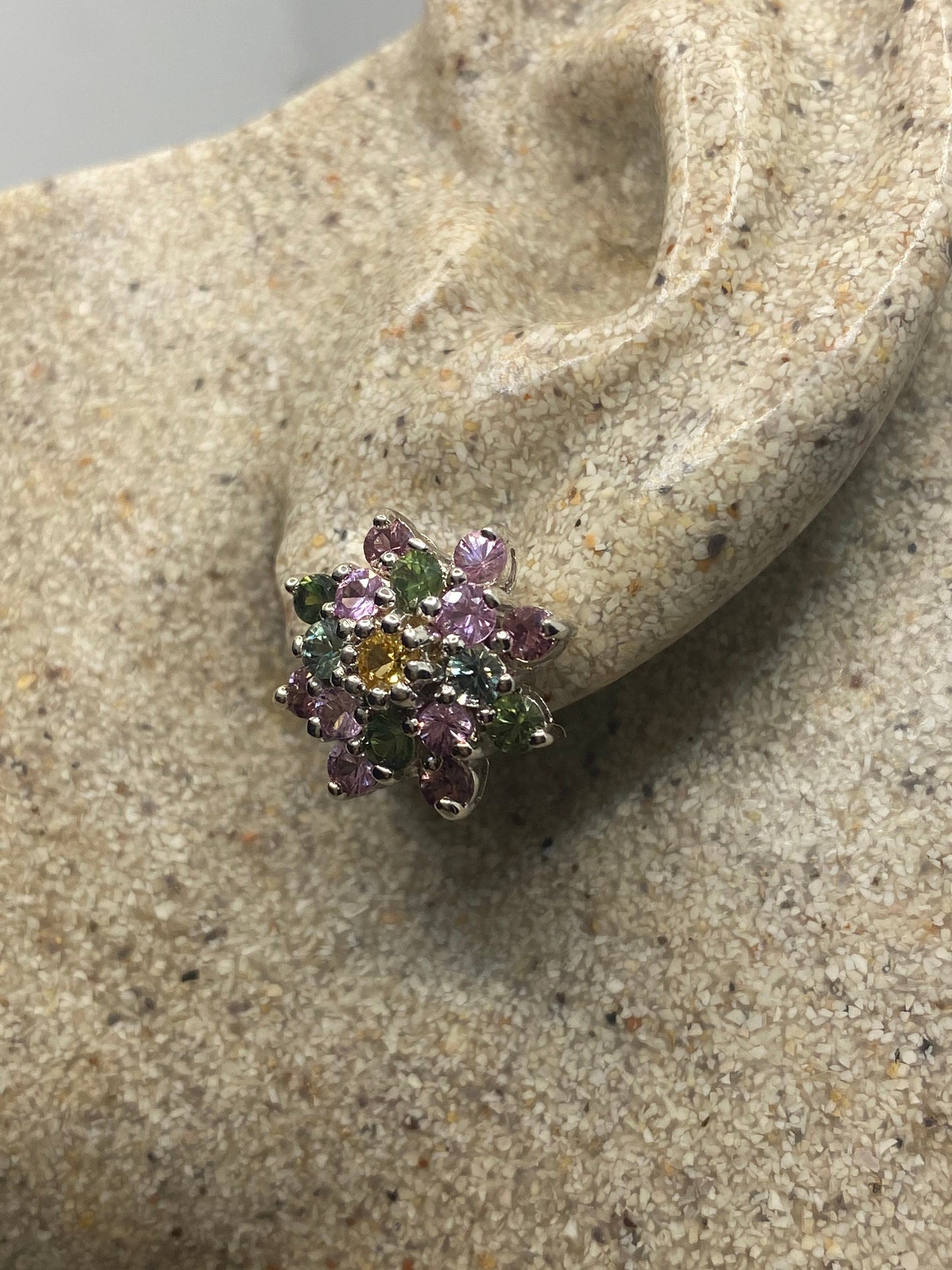 Vintage Handmade Sterling Silver Genuine Green Peridot and Tourmaline Stud button Earrings