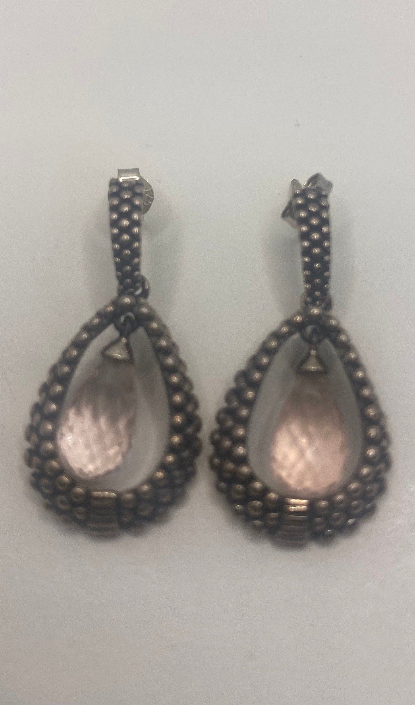 Vintage Rose Quartz Rose Gold 925 Sterling Silver Dangle Earrings