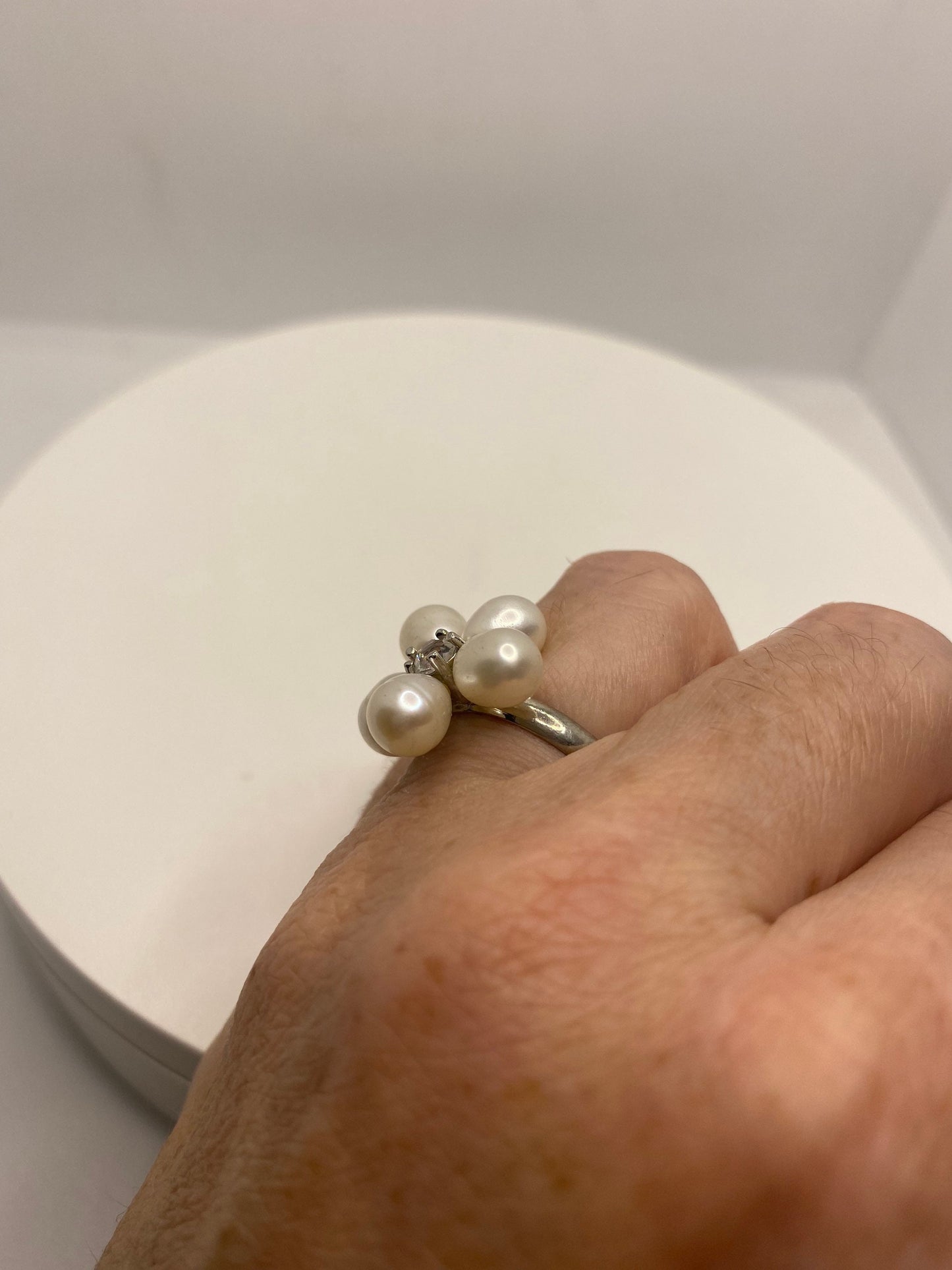 Vintage Pearl Flower Adjustable Silver Ring