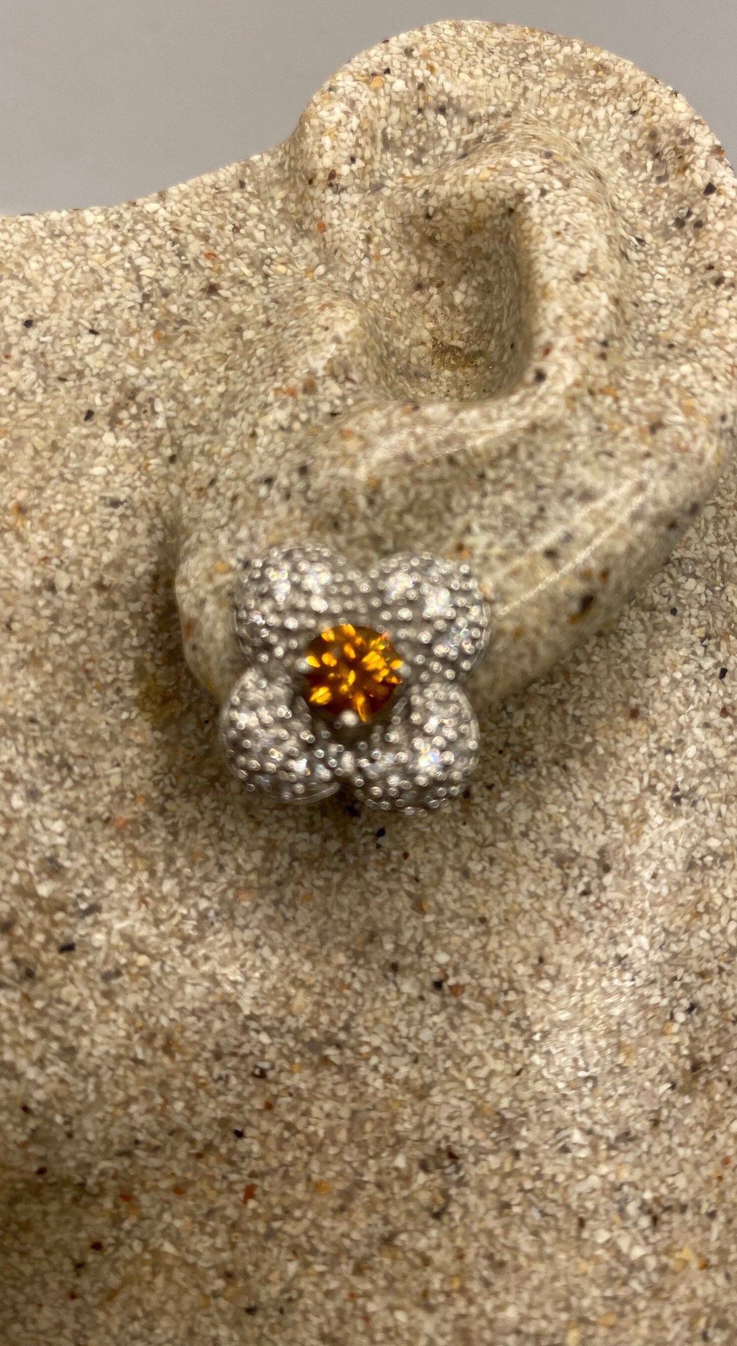 Vintage Genuine Citrine Gemstone 925 Sterling Silver Flower Stud Earrings