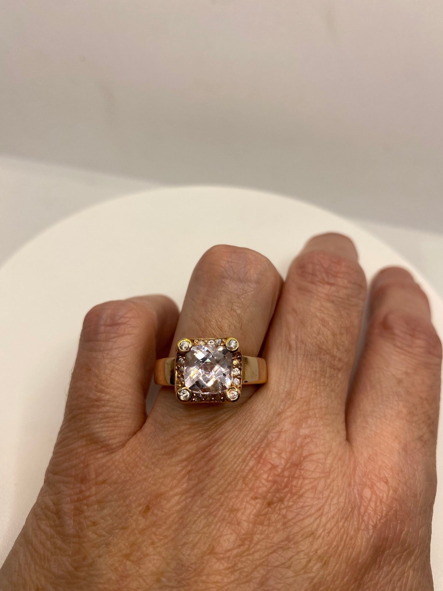 Vintage Rose Quartz White Sapphire Rose Gold 925 Sterling Silver Wedding Band Ring