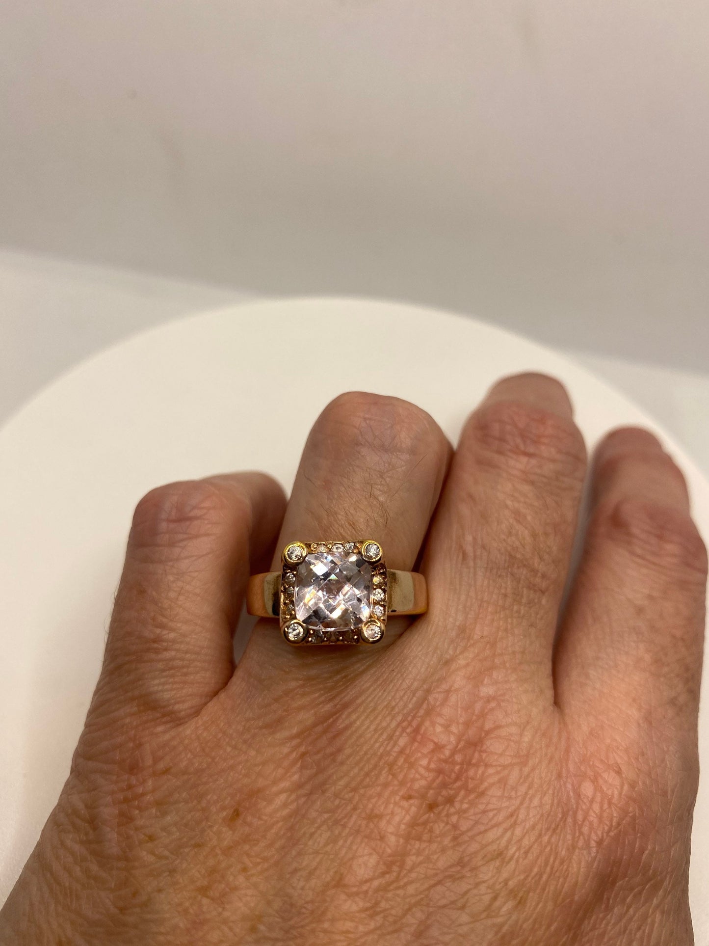 Vintage Rose Quartz White Sapphire Rose Gold 925 Sterling Silver Wedding Band Ring