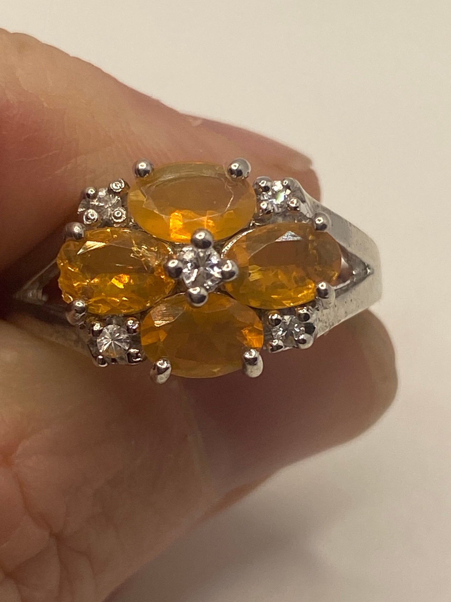 Vintage Fire Opal Ring White Sapphire 925 Sterling Silver Cocktail