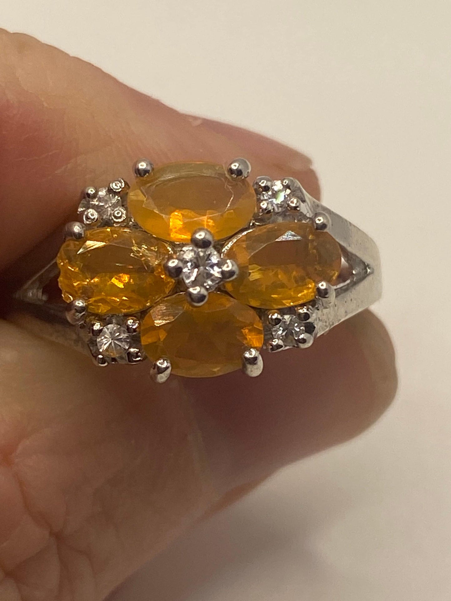 Vintage Fire Opal Ring White Sapphire 925 Sterling Silver Cocktail
