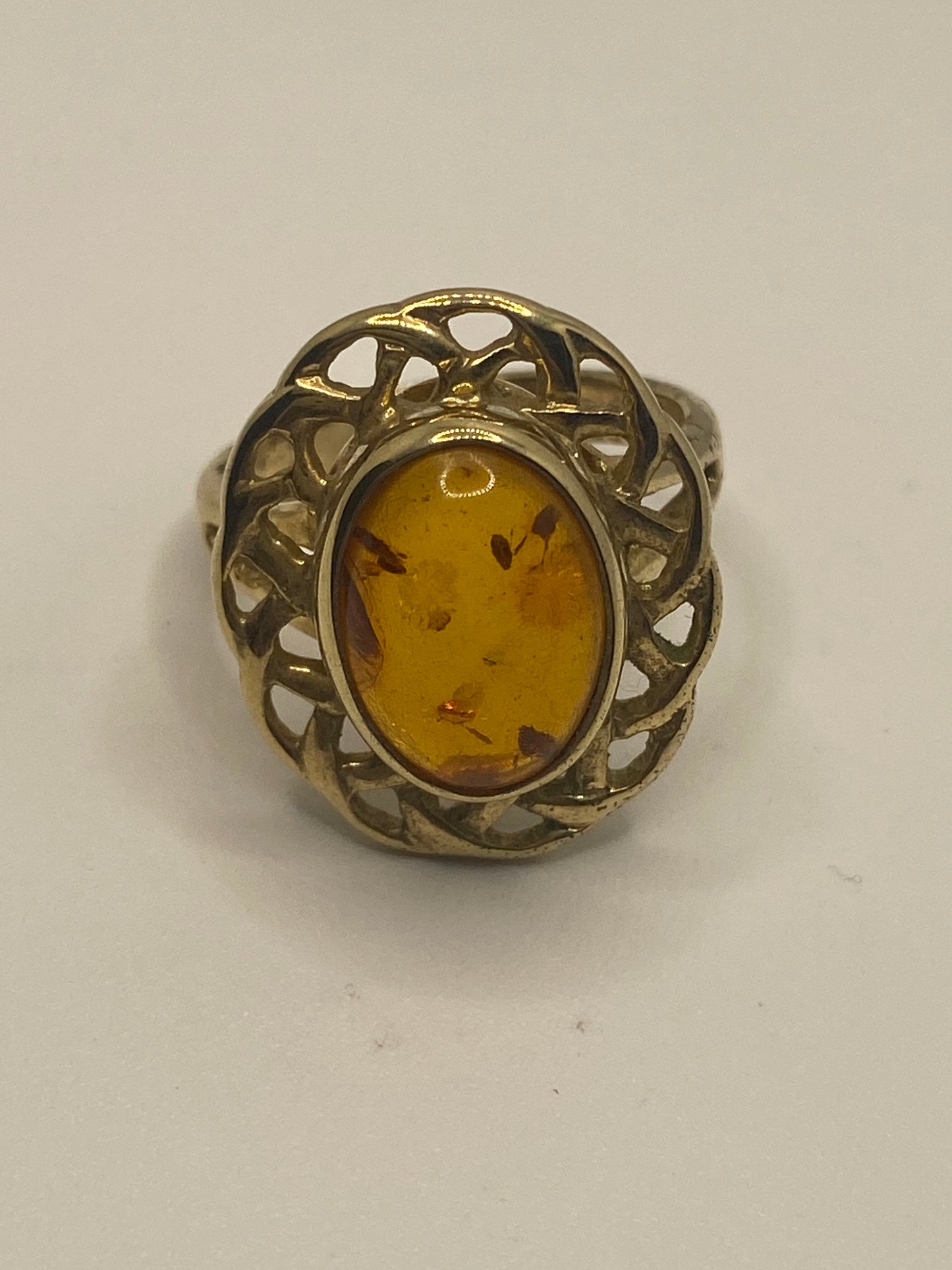 Vintage Hand Carved Golden Genuine Baltic Yellow 925 Sterling Silver Ring