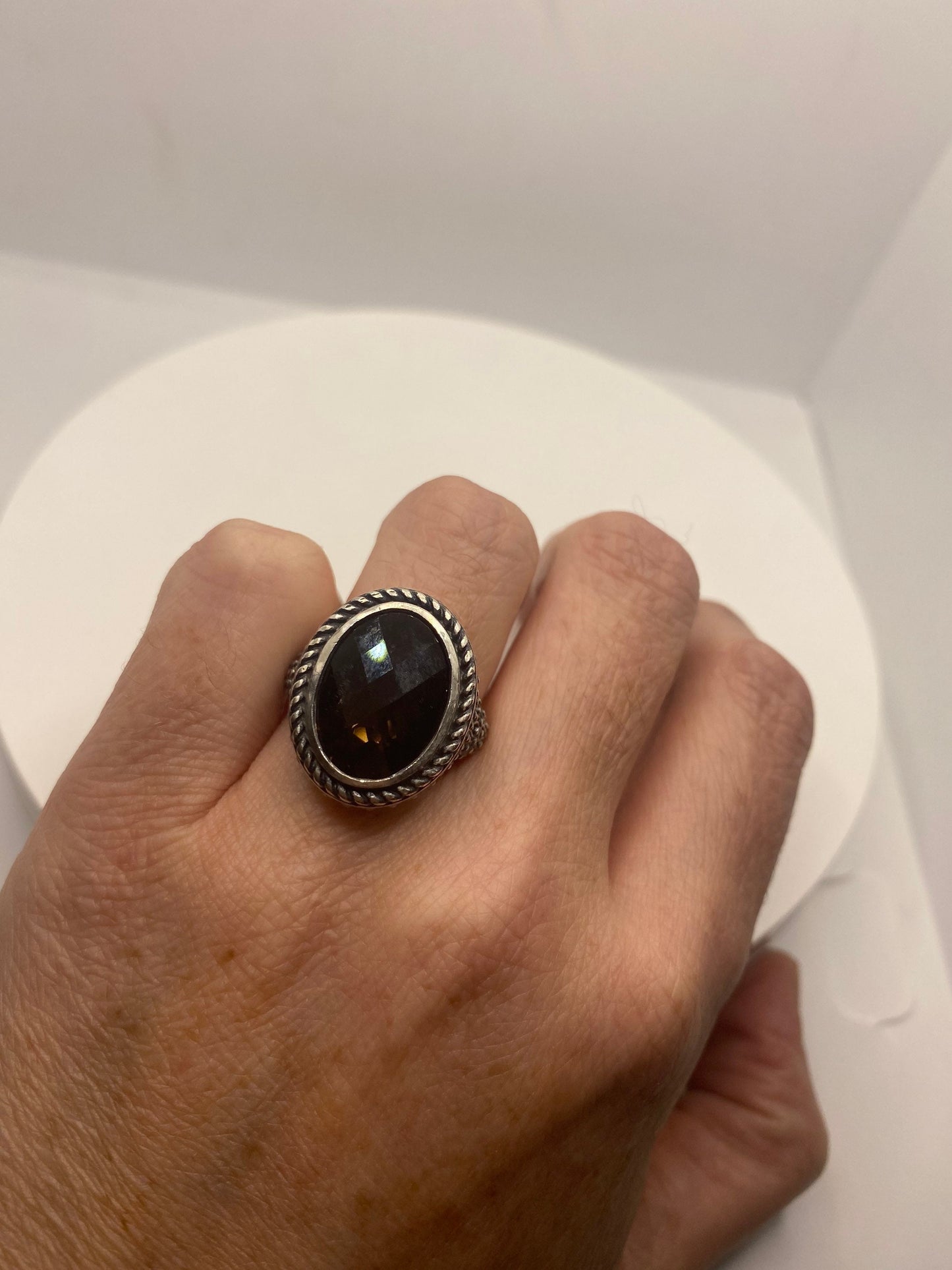 Vintage Smoky Topaz Setting 925 Sterling Silver Gothic Ring Size 4