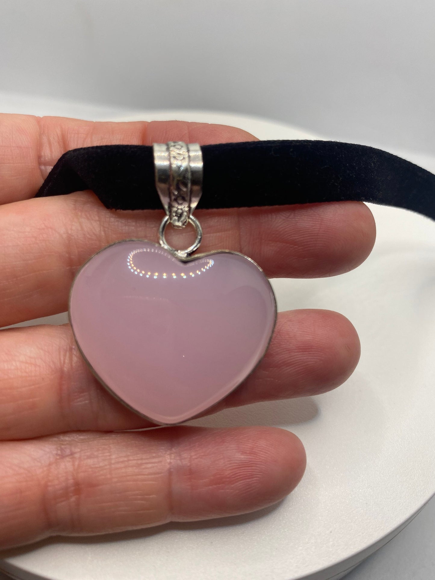 Vintage Heart Pink Rose Quartz Choker Necklace