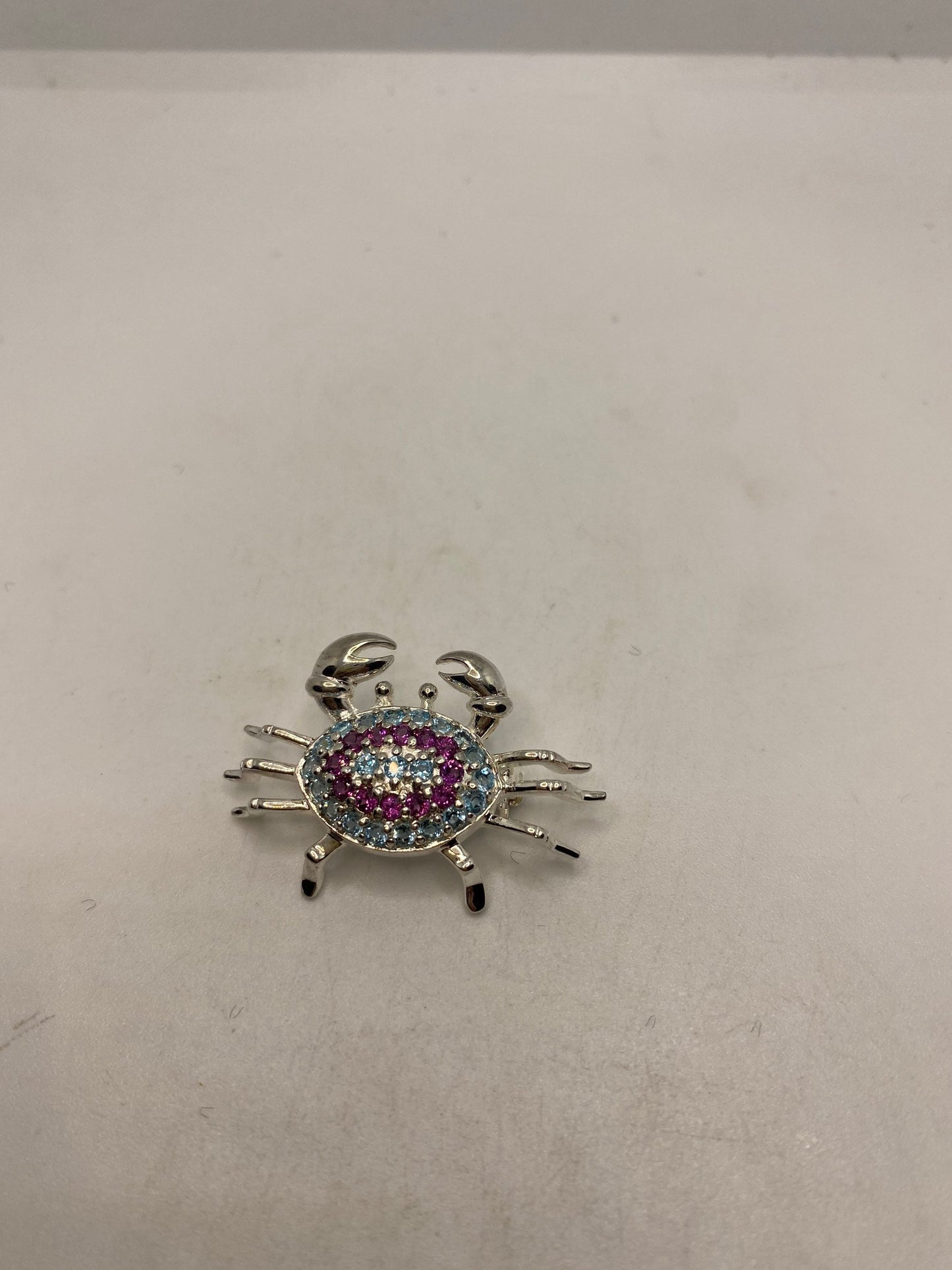 Vintage Blue Topaz Red Tourmaline Crab Cancer Pin 925 Sterling Silver Brooch