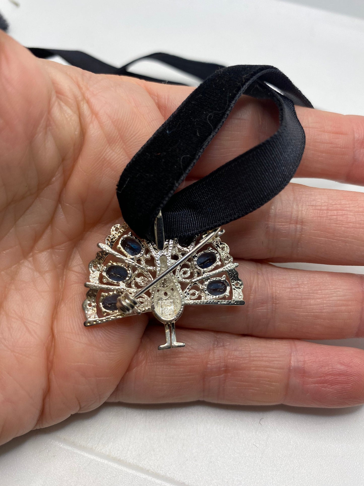 Vintage Blue Iolite Peacock Choker Pin 925 Sterling Silver Brooch