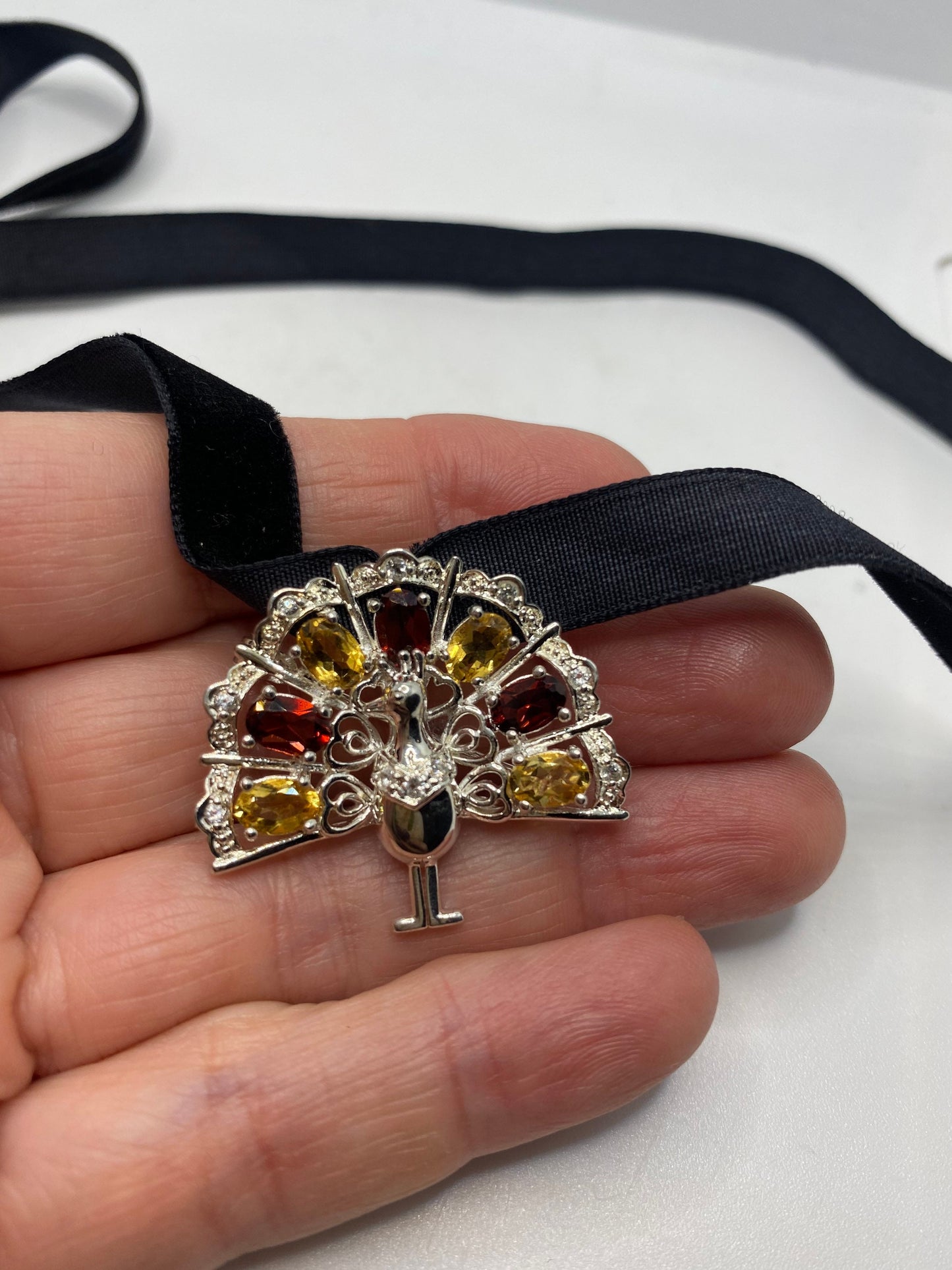 Vintage Mixed Gem Peacock Choker Pin 925 Sterling Silver Brooch