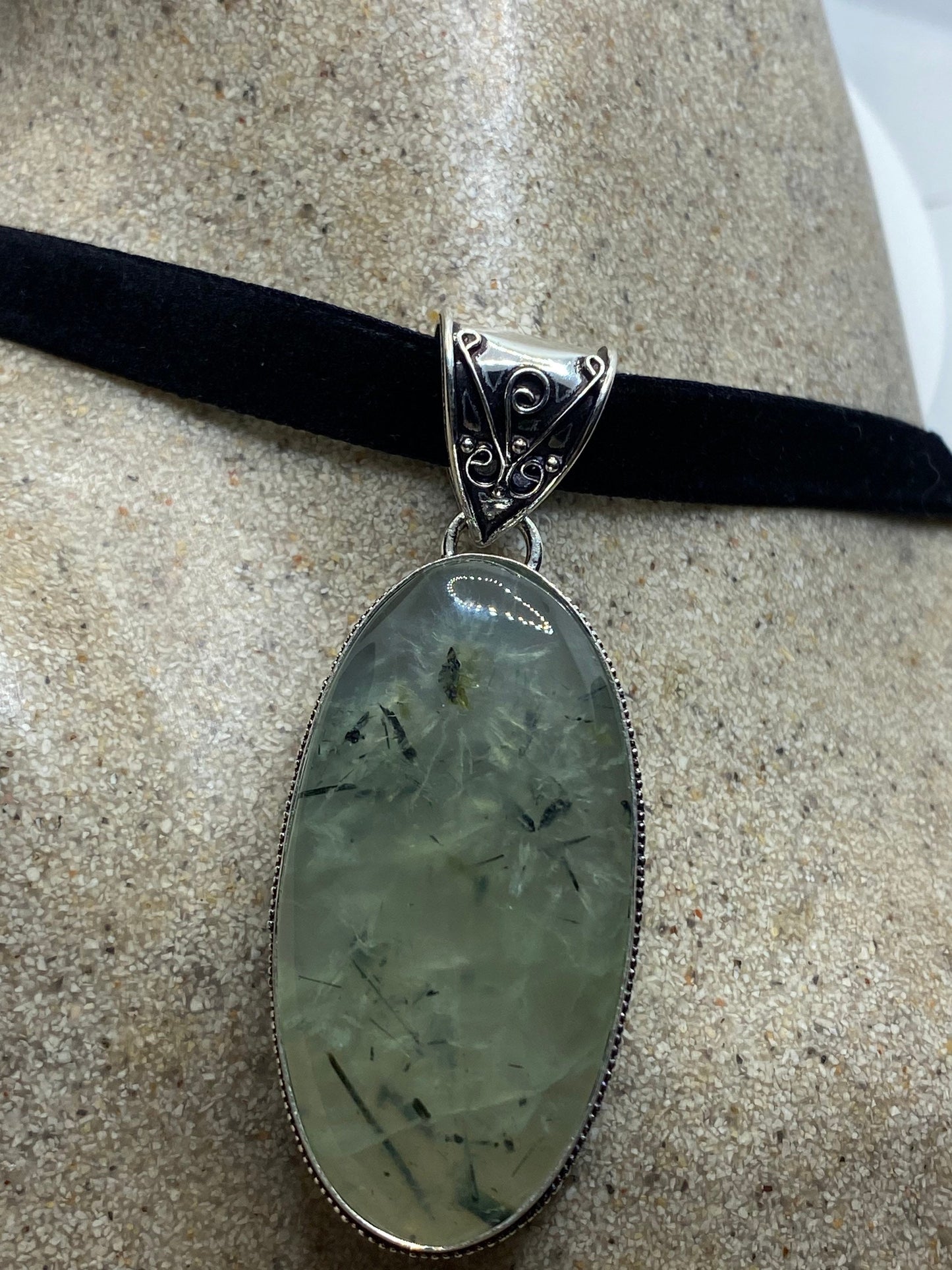 Vintage Green Moss Agate Silver Finish Necklace