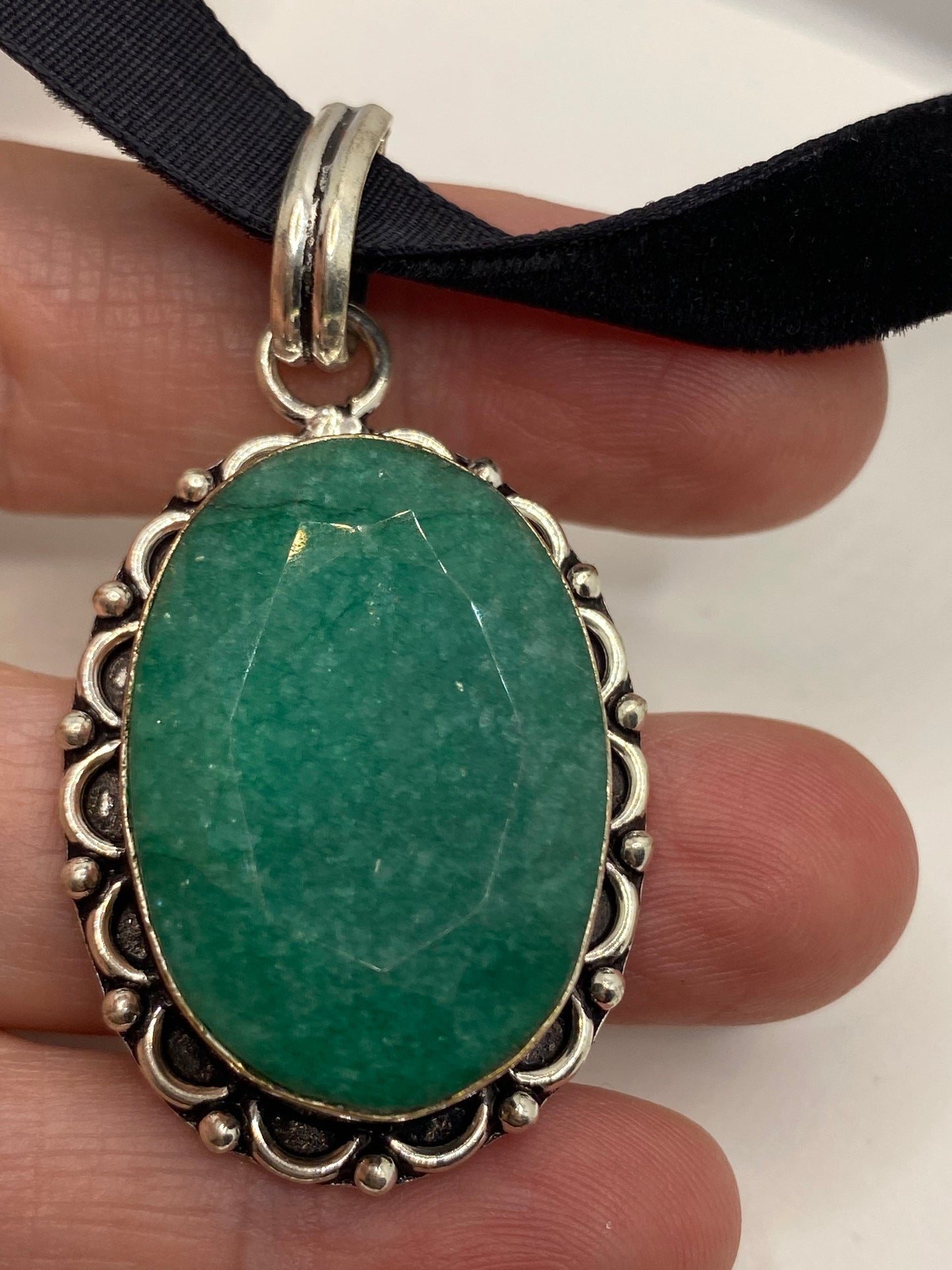 Vintage Green Raw Emerald Crystal Black Velvet Choker Pendant