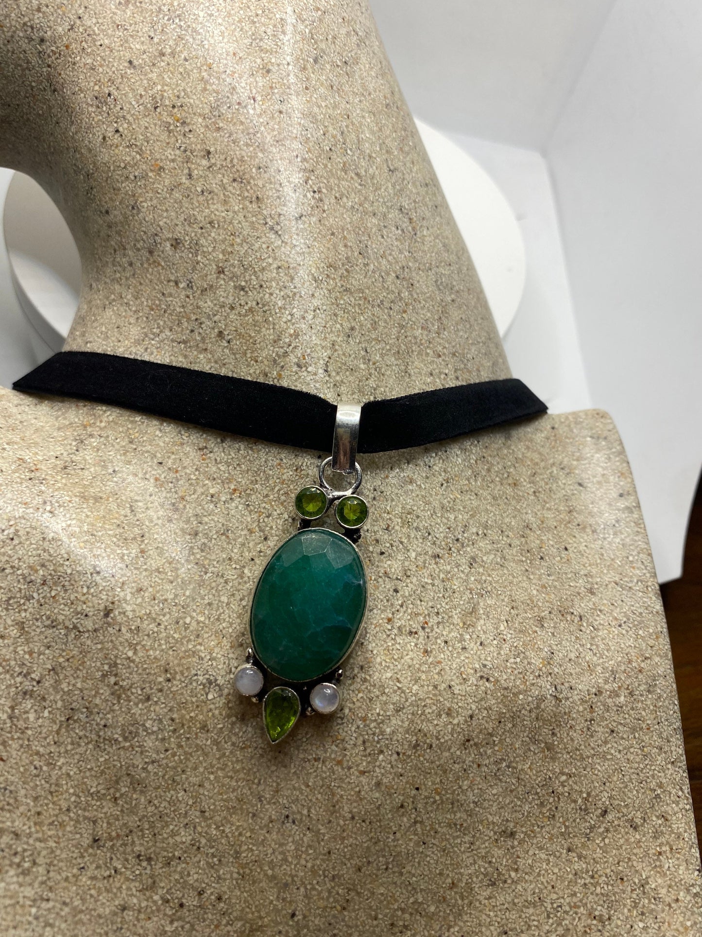 Vintage Green Raw Emerald Crystal Black Velvet Choker Pendant