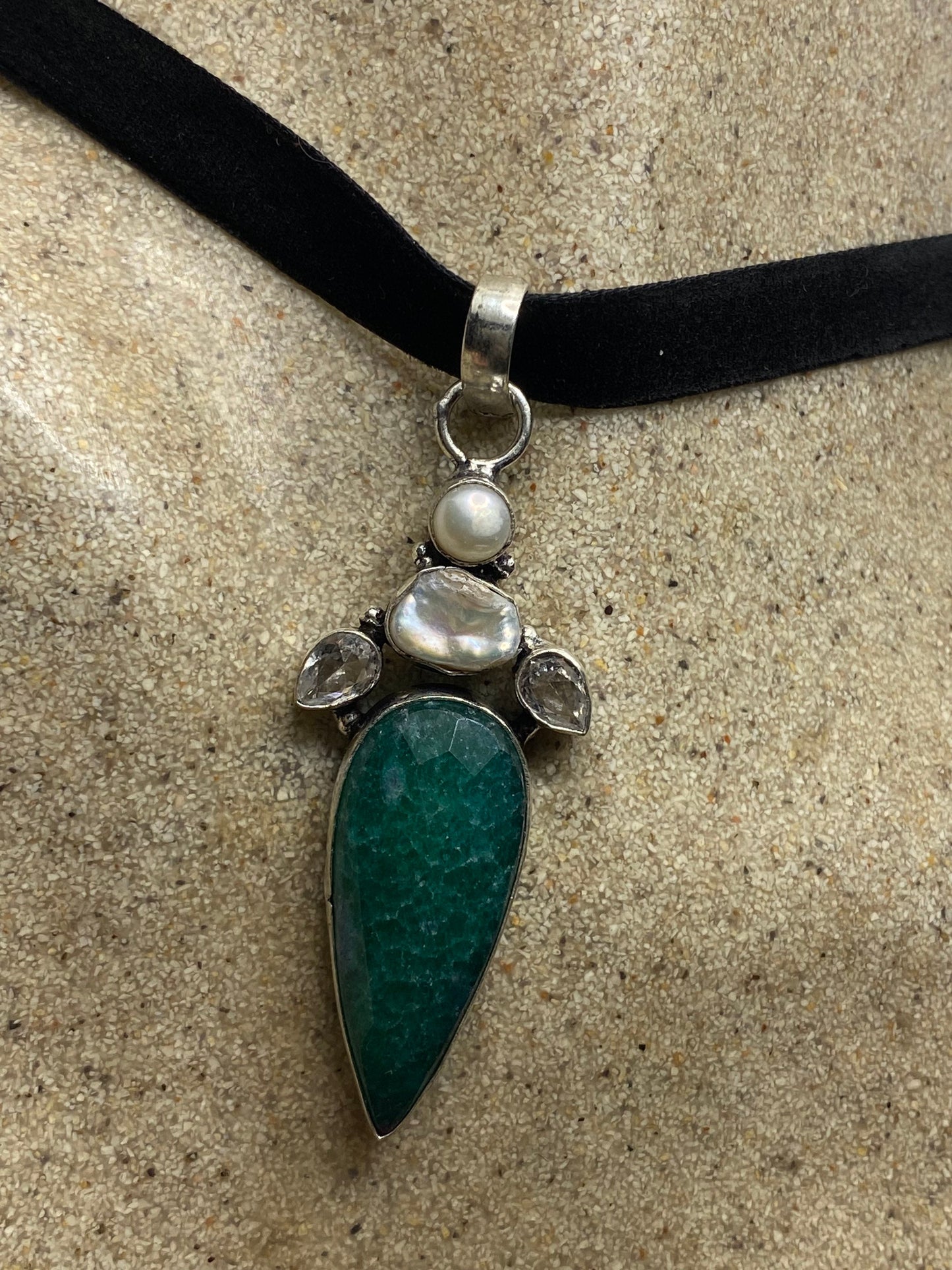 Vintage Green Raw Emerald Crystal Black Velvet Choker Pendant
