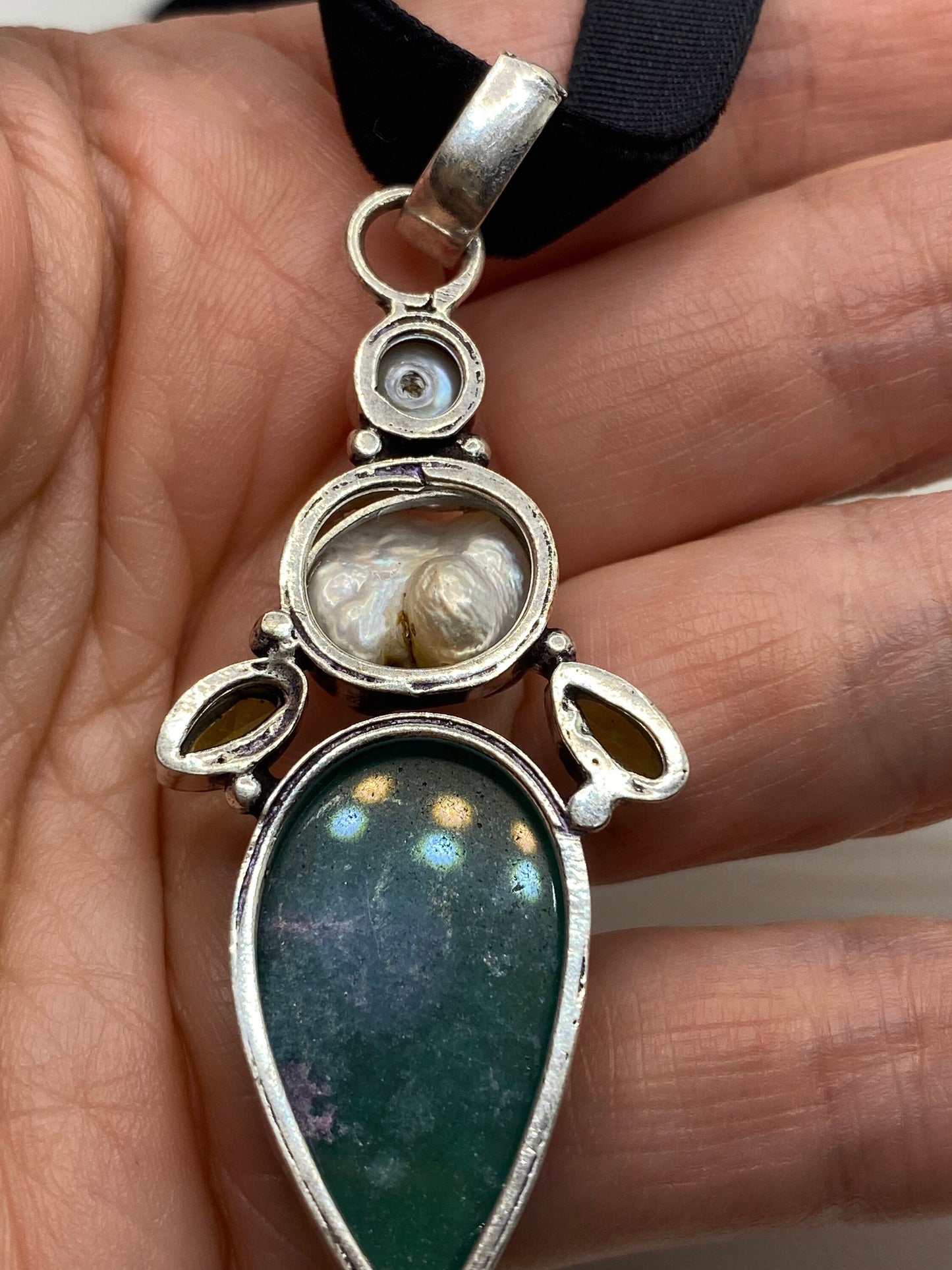 Vintage Green Raw Emerald Crystal Black Velvet Choker Pendant