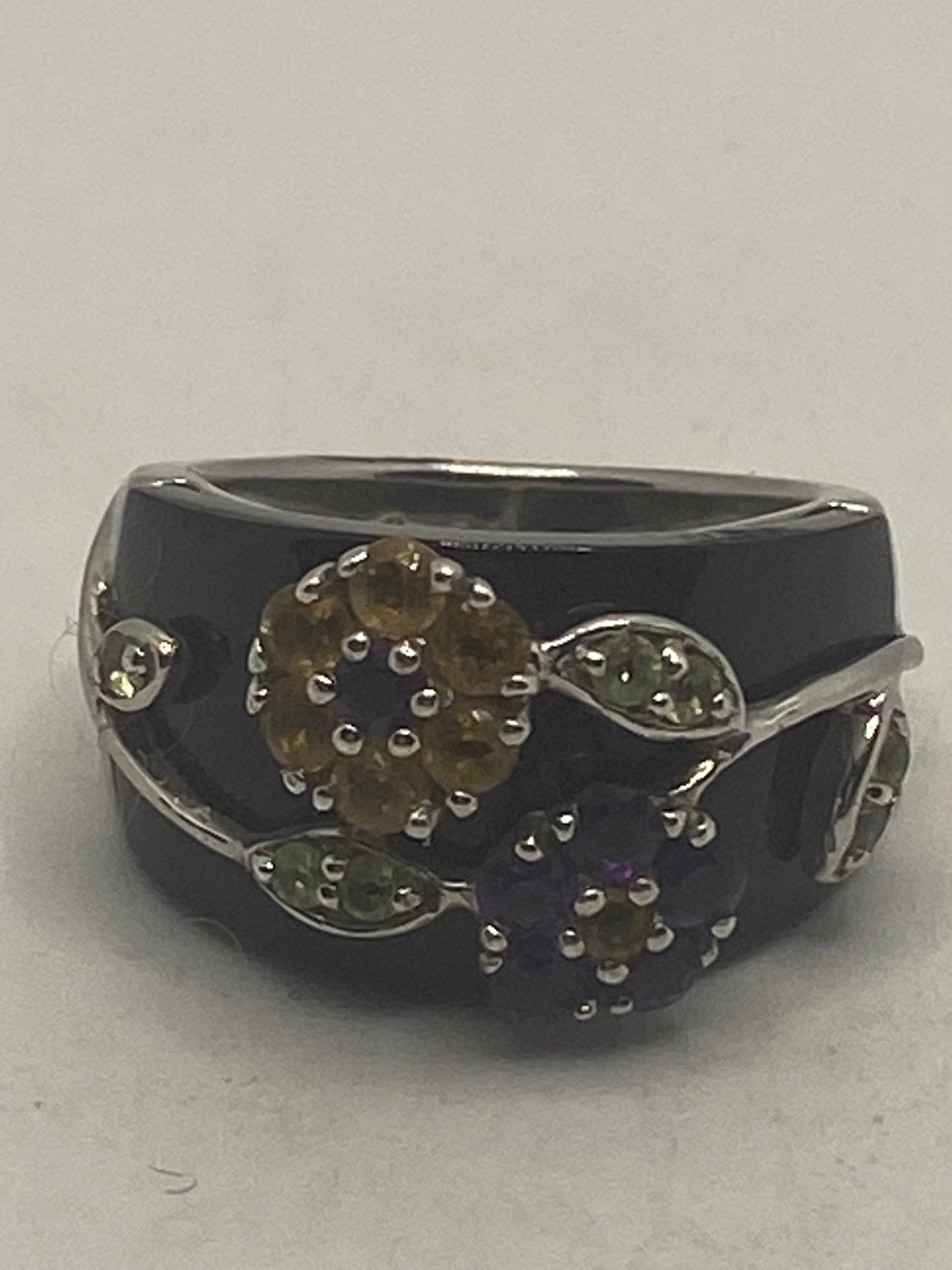 Vintage Citrine Green Peridot and Amethyst Over Black Onyx 925 Sterling Silver Ring