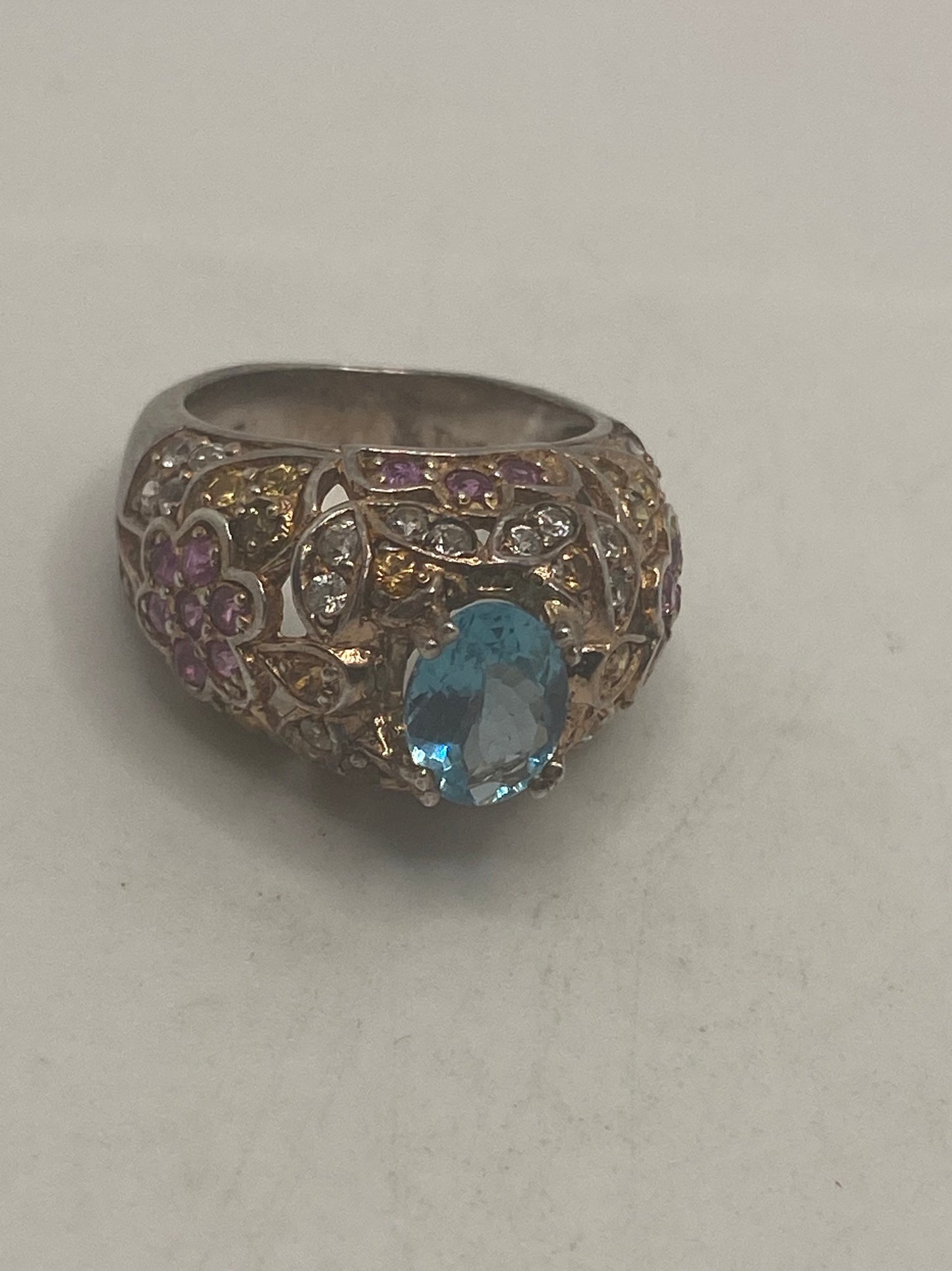 Vintage Golden Citrine Blue Topaz Ruby Ring Deco Cocktail 925 Sterling Silver