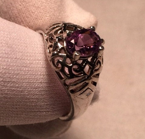 Vintage Handmade Genuine Purple Amethyst Filigree Setting 925 Sterling Silver Ring