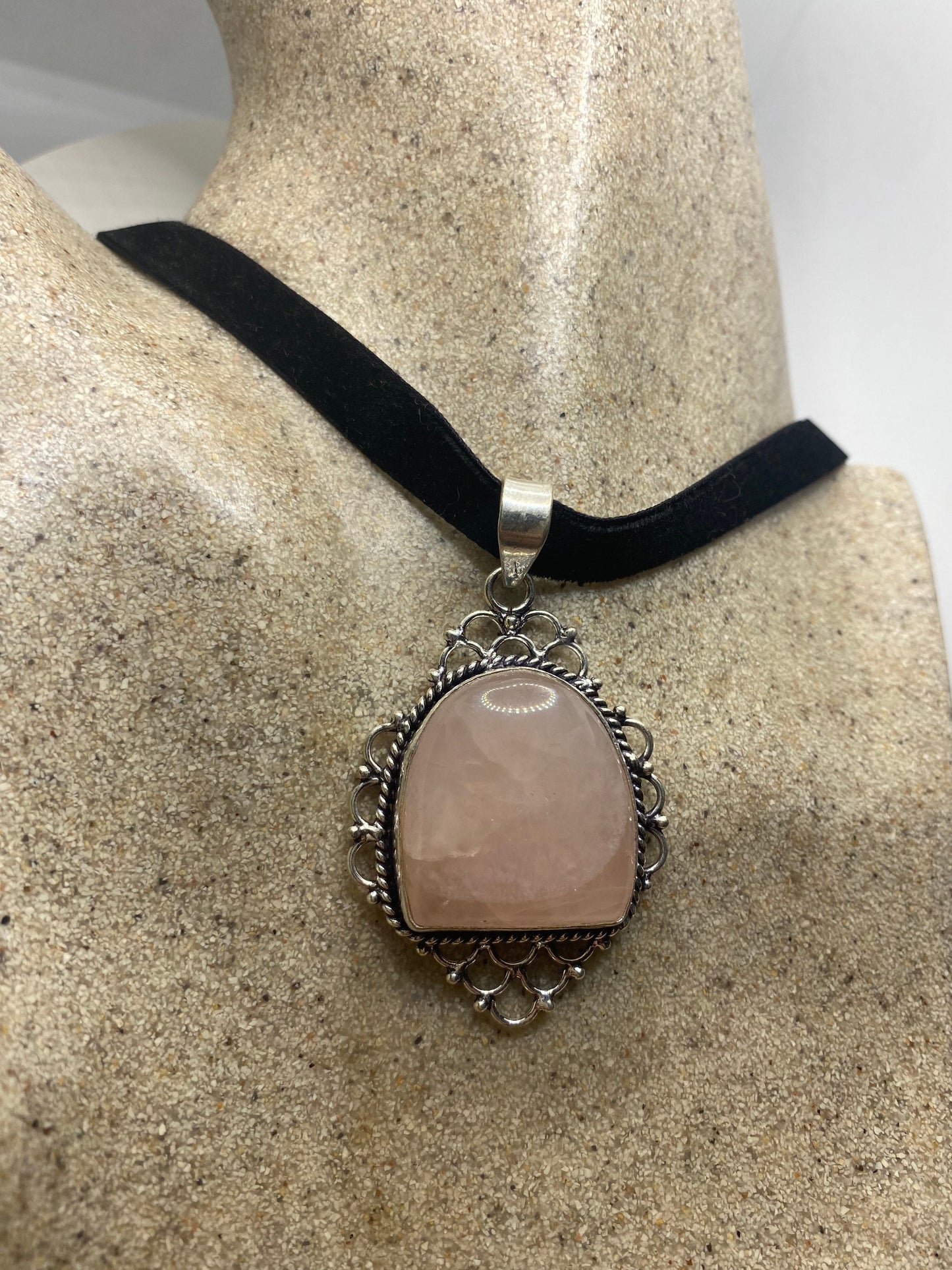 Vintage Handmade Silver Finish Rose Quartz Choker Pendant