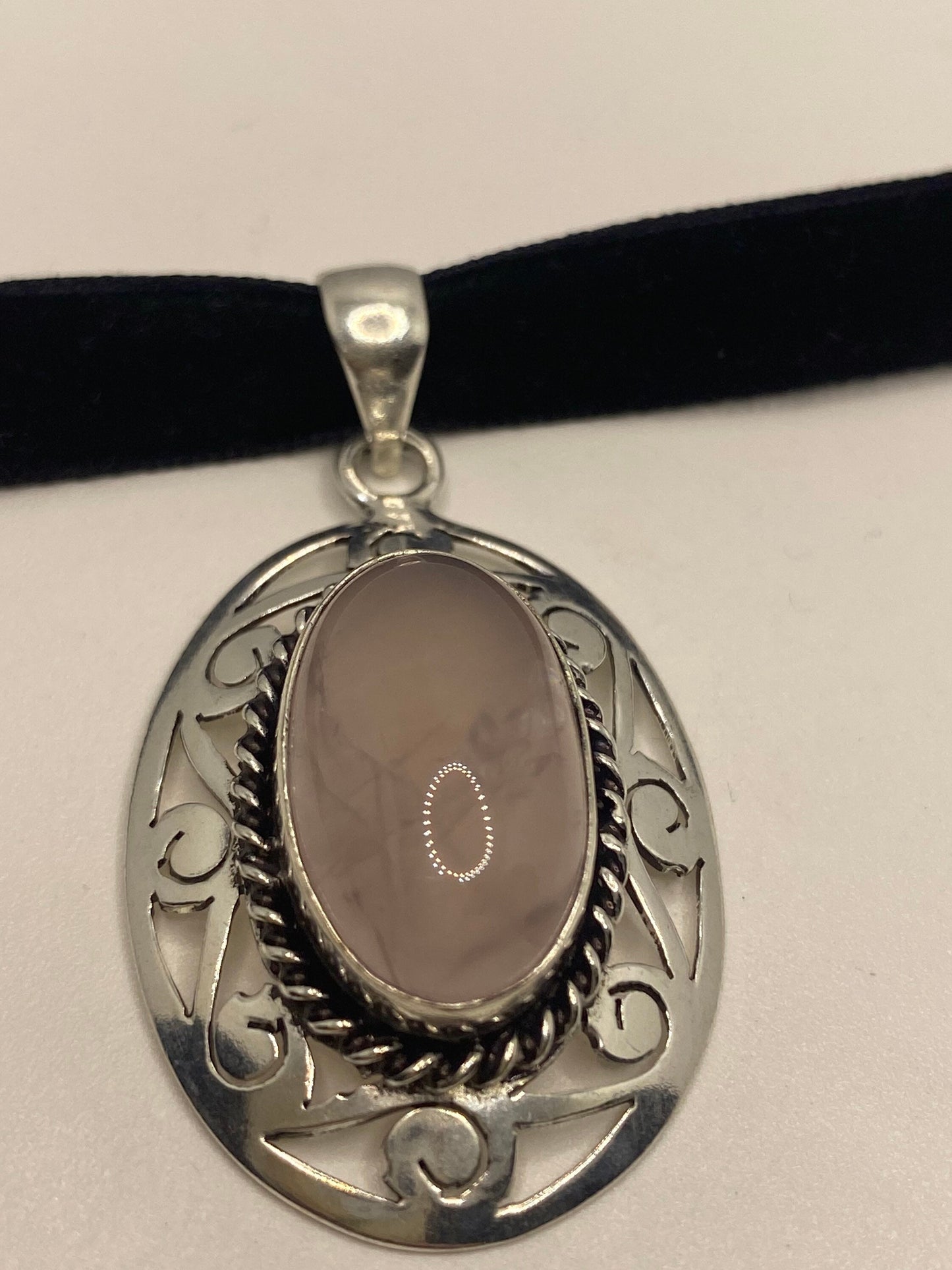 Vintage Handmade Silver Finish Rose Quartz Choker Pendant