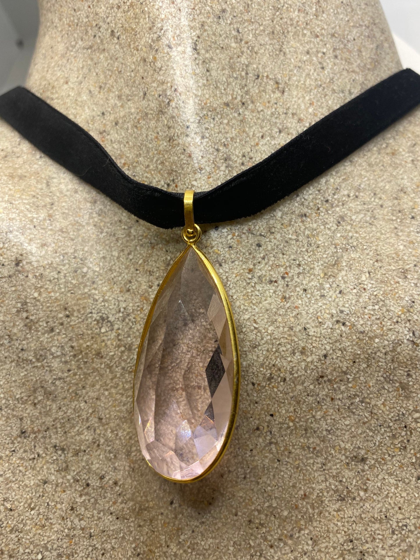 Vintage Handmade Gold Finish Rose Quartz Choker Pendant