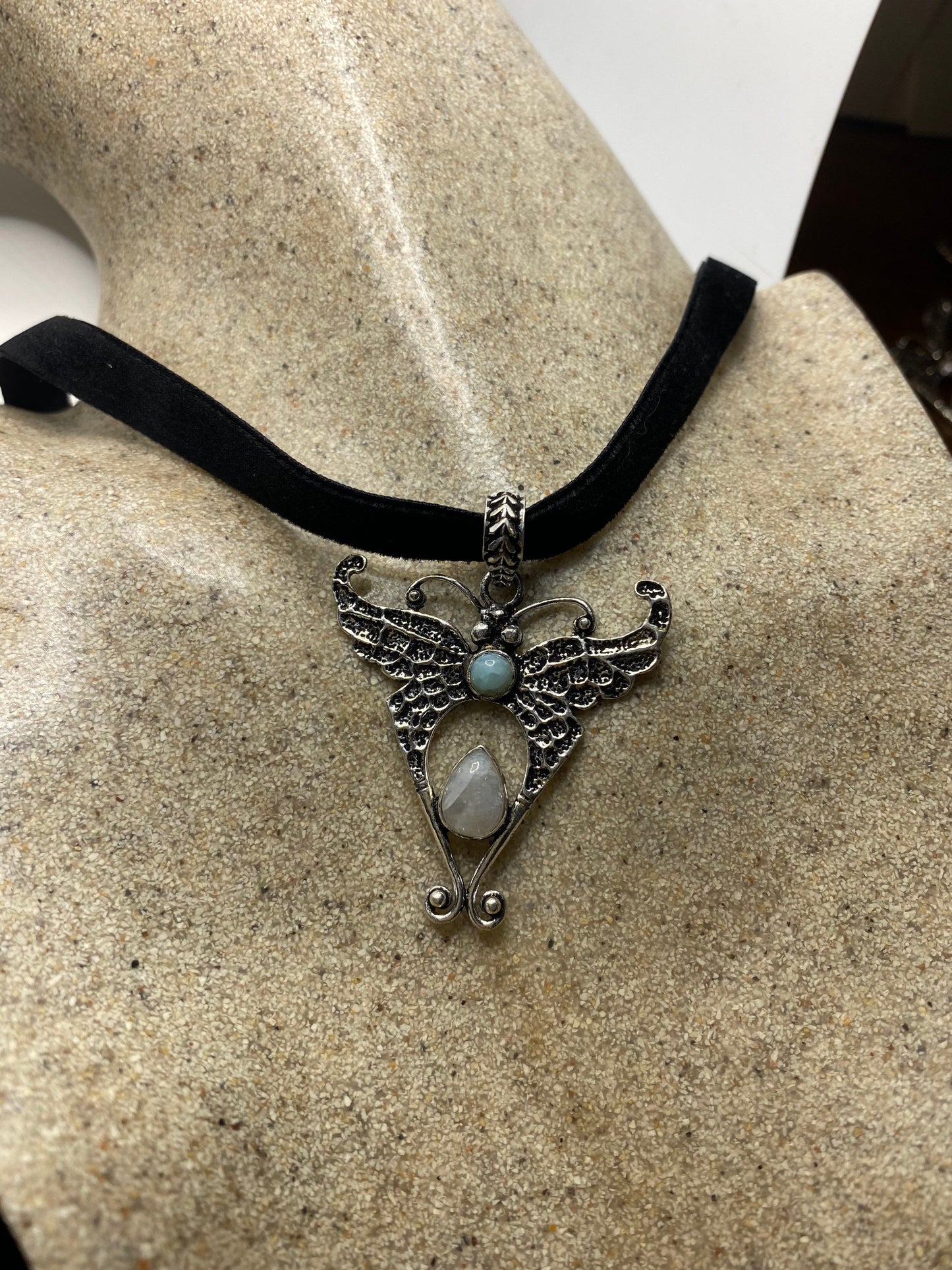 Vintage Lunar Moth Choker Blue Larimar Rainbow Moonstone Necklace
