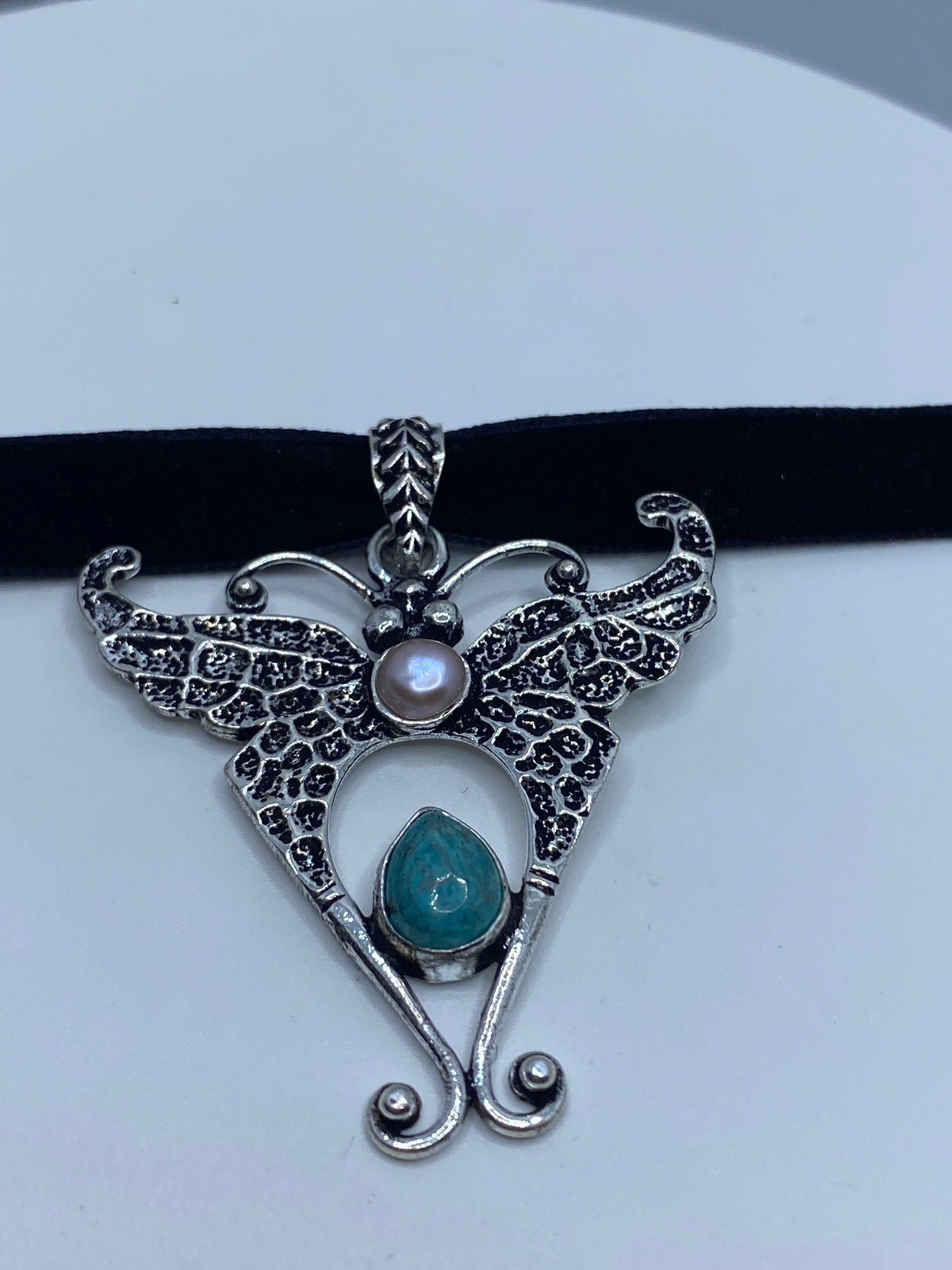 Vintage Lunar Moth Choker Blue Turquoise and Pink Pearl Necklace