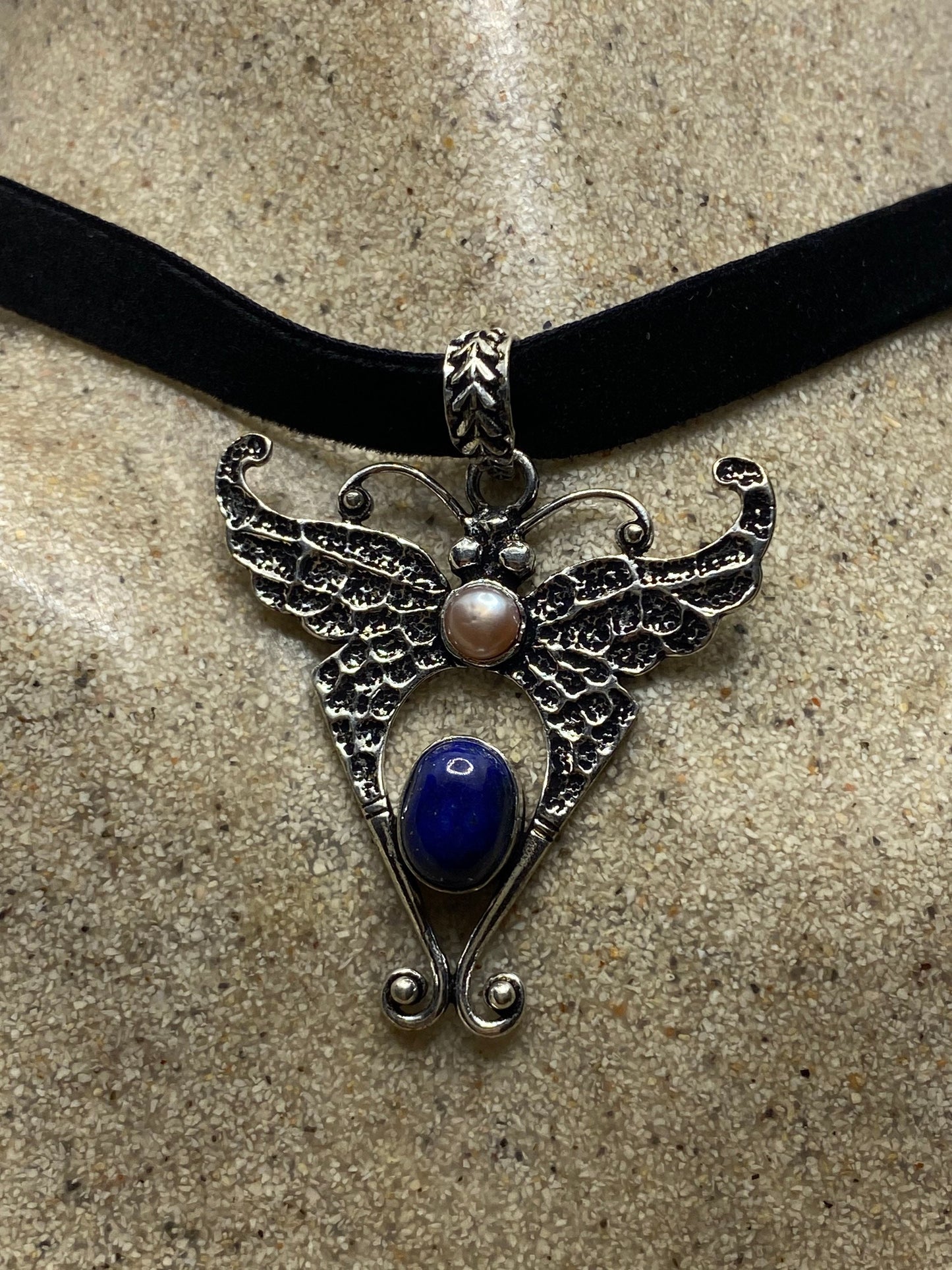 Vintage Lunar Moth Choker Blue Lapis and Pink Pearl Necklace
