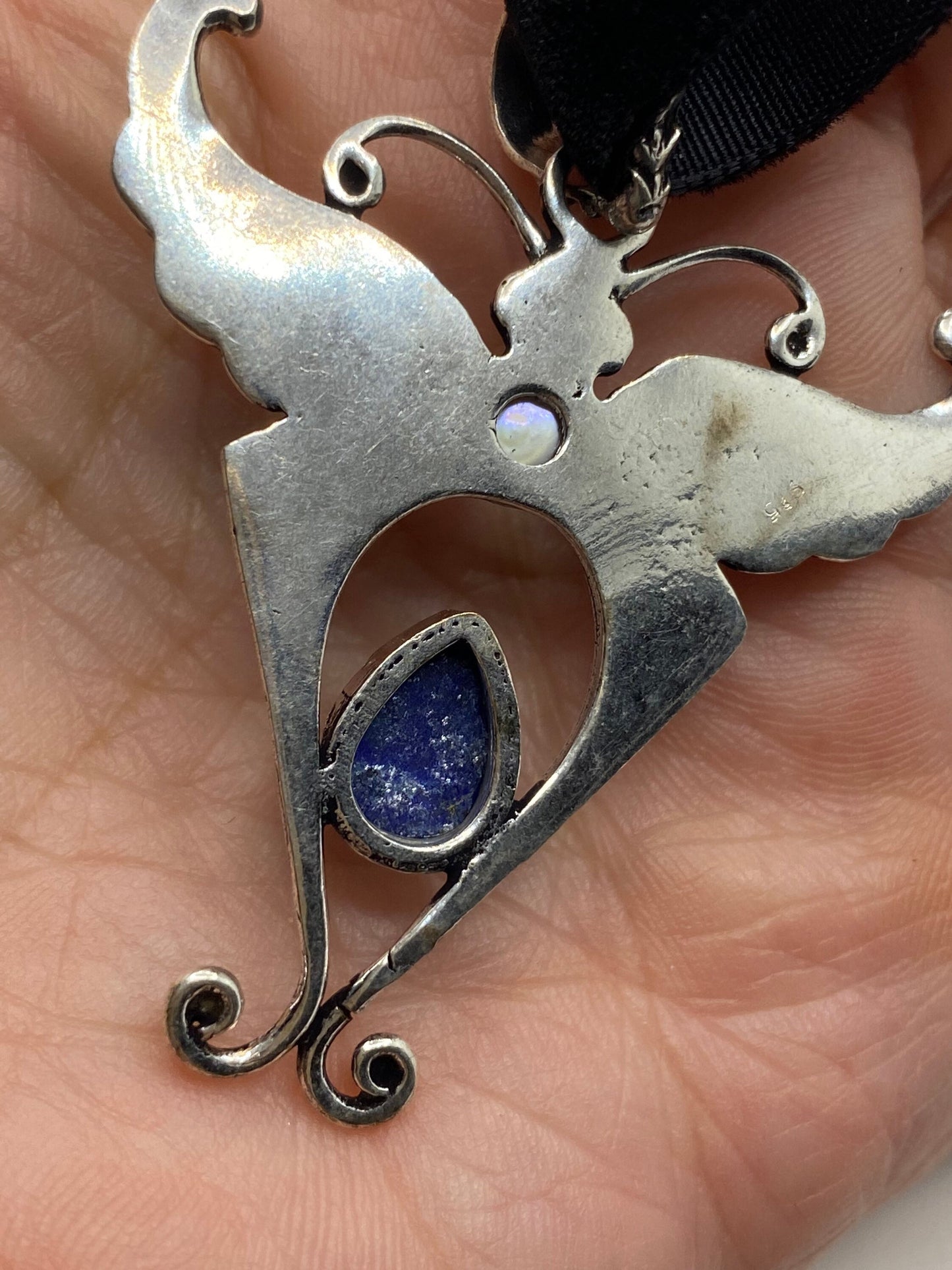 Vintage Lunar Moth Choker Blue Lapis and Pink Pearl Necklace