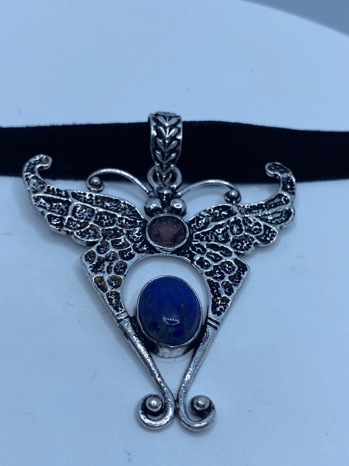 Vintage Lunar Moth Choker Blue Lapis and Amethyst Necklace