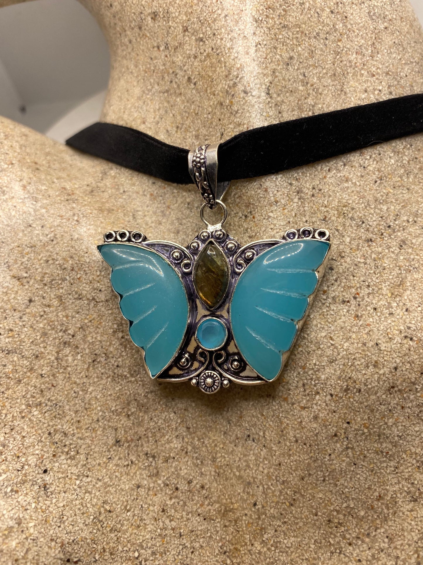 Vintage Blue Chalcedony Butterfly Choker Necklace