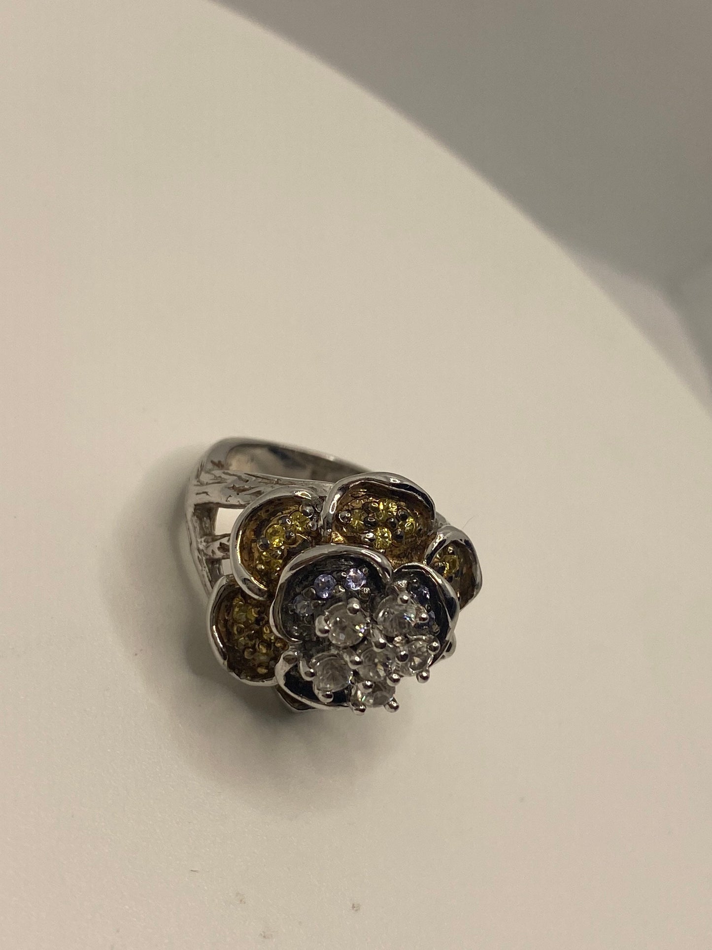 Vintage Golden Citrine and White Sapphire 925 Sterling Silver Cocktail Rose Ring