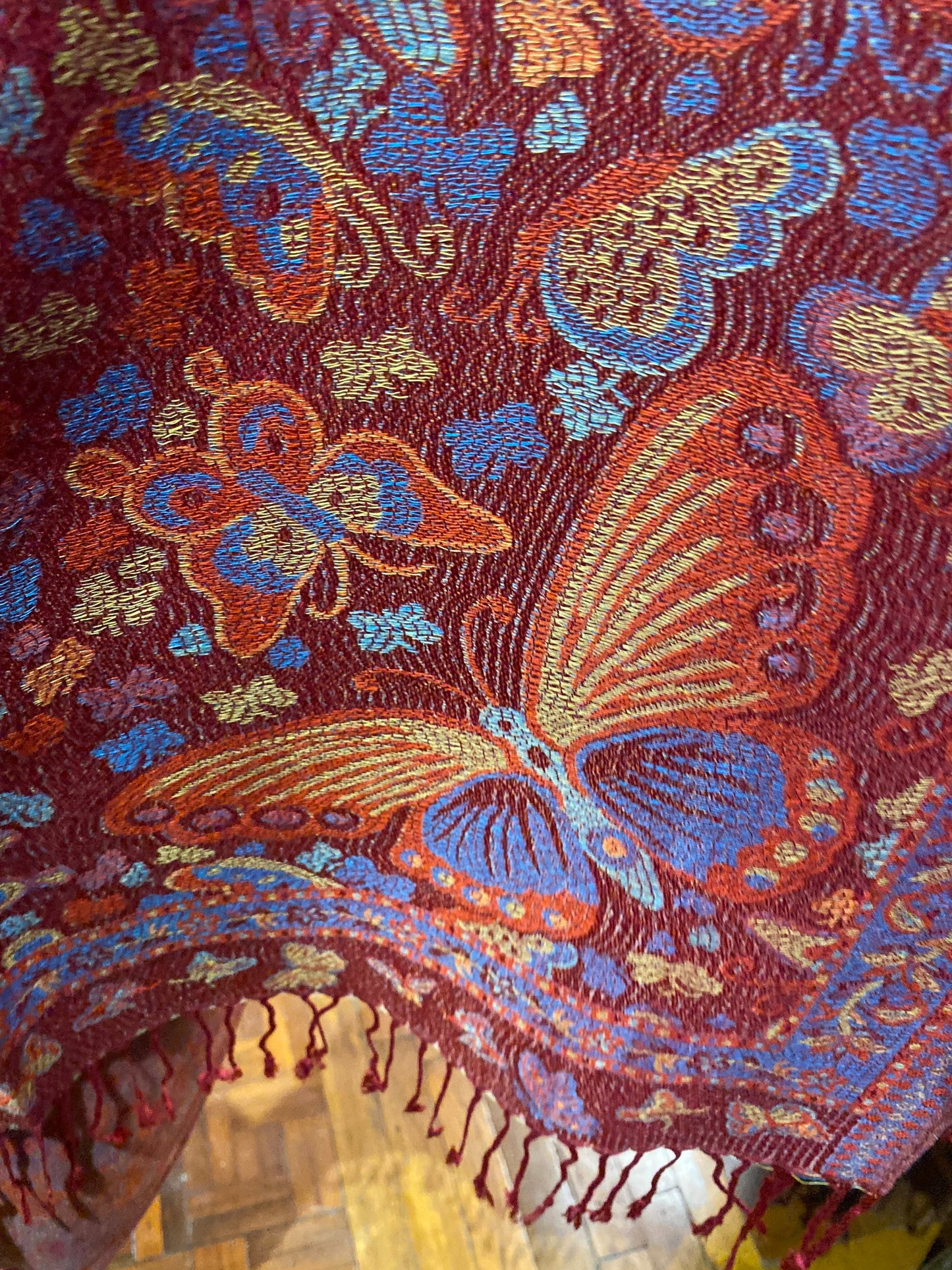 Vintage Red Jamawar Paisley Butterfly Brocade Pashmina Scarf Wrap Shawl