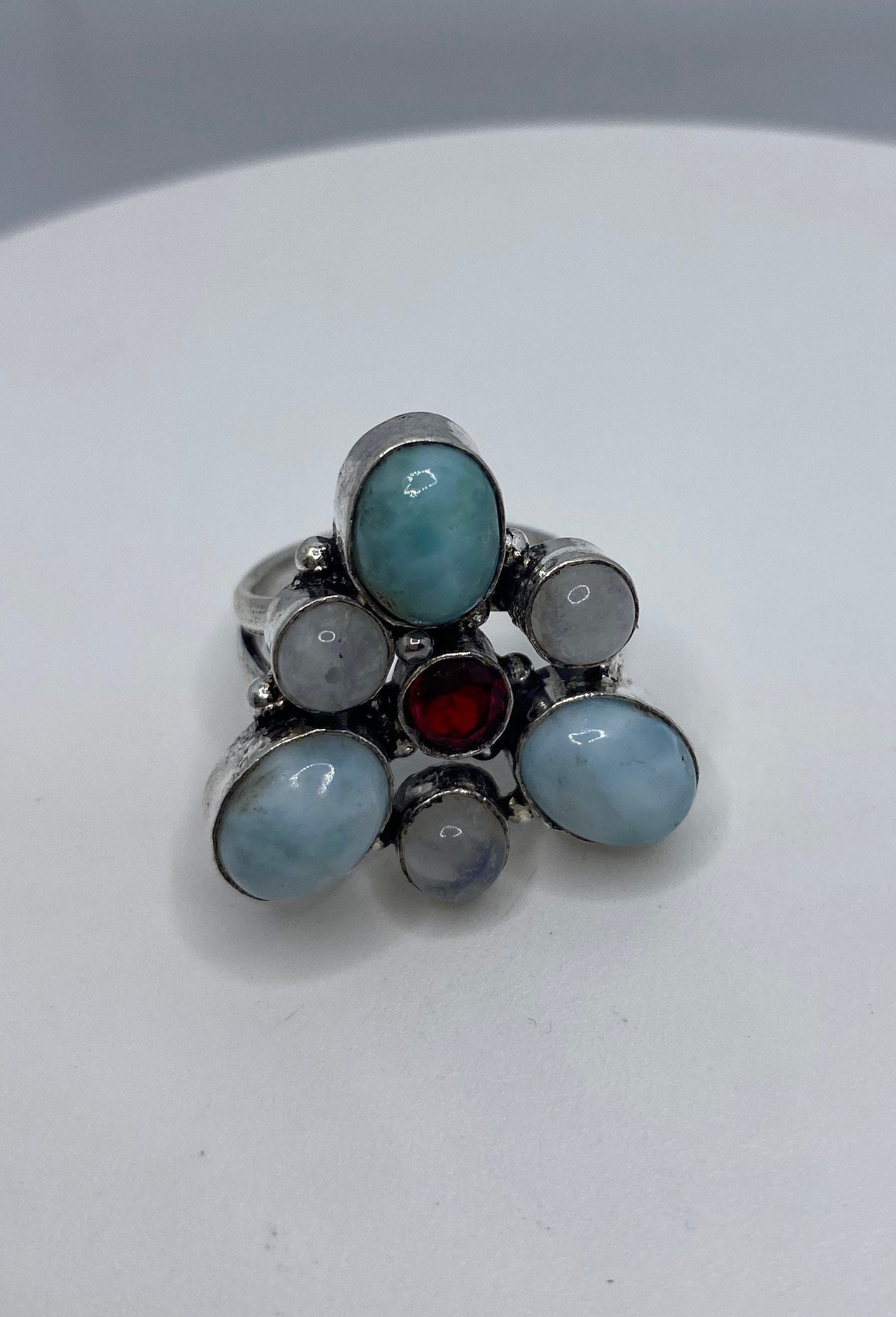 Vintage Blue Larimar White Rainbow Moonstone Stone Silver Ring