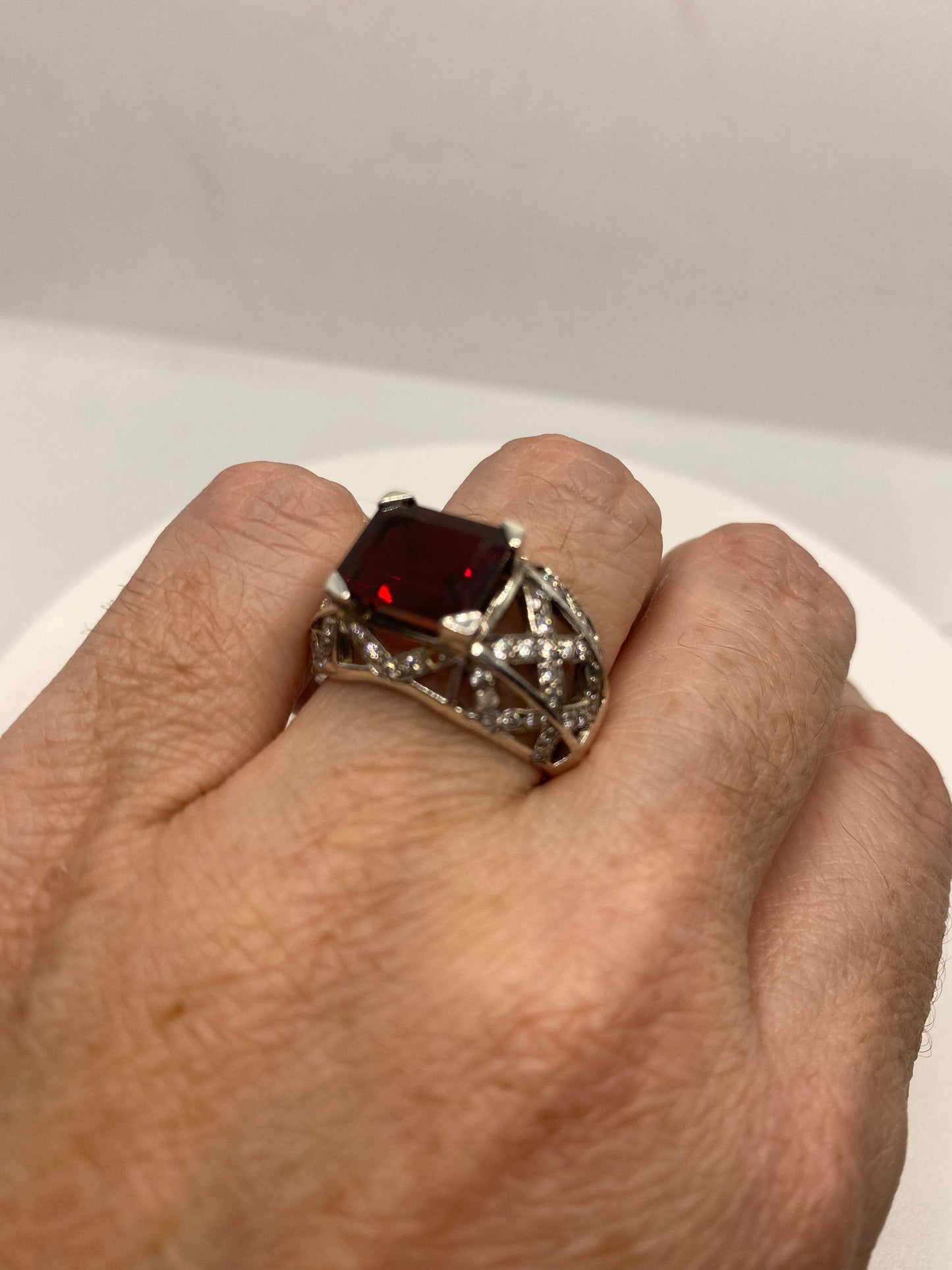 Vintage Handmade Genuine Garnet White Sapphire 925 Sterling Silver Gothic Ring