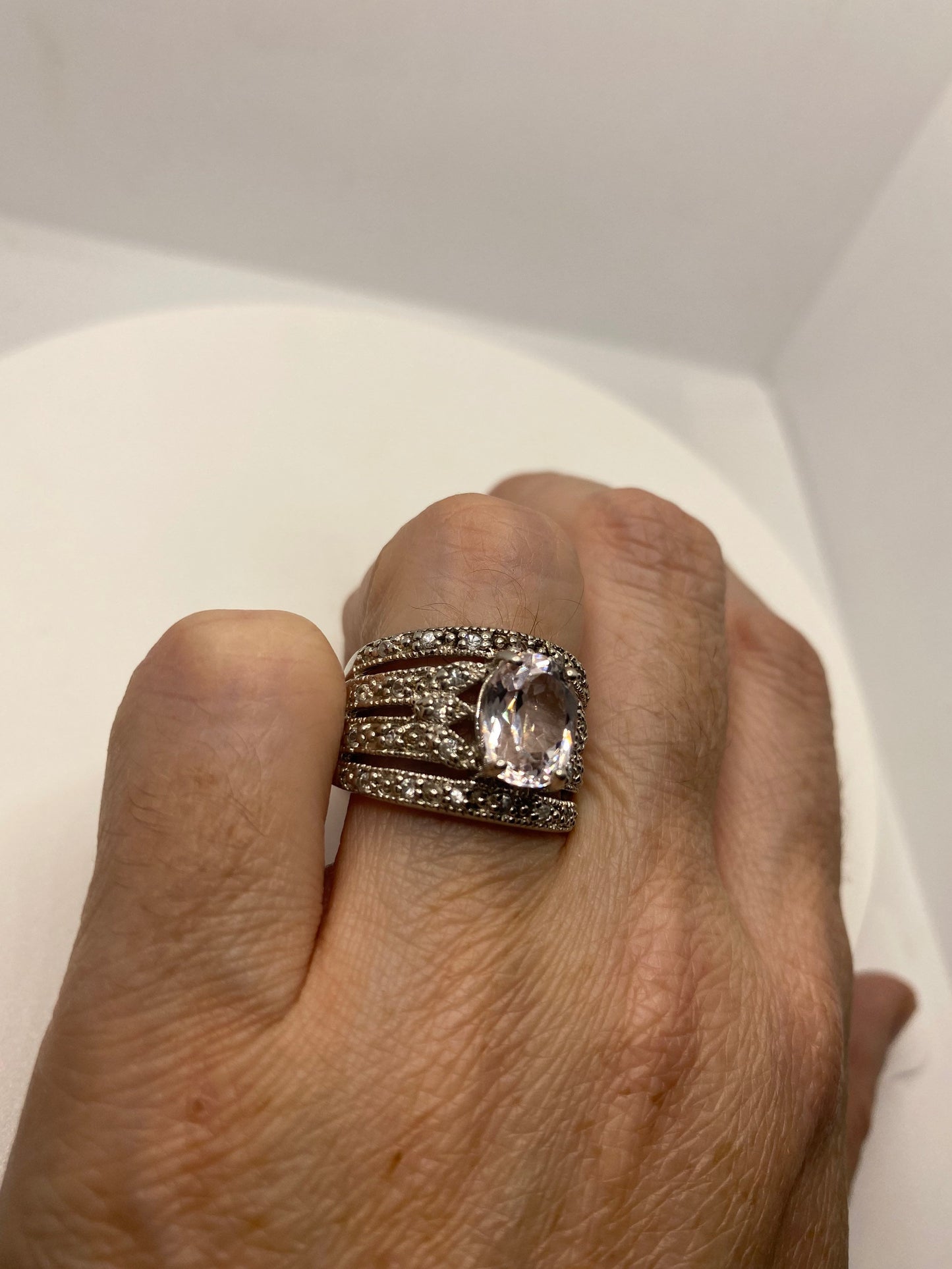 Vintage Pink Kunzite and white Sapphire Setting 925 Sterling Silver Gothic Ring