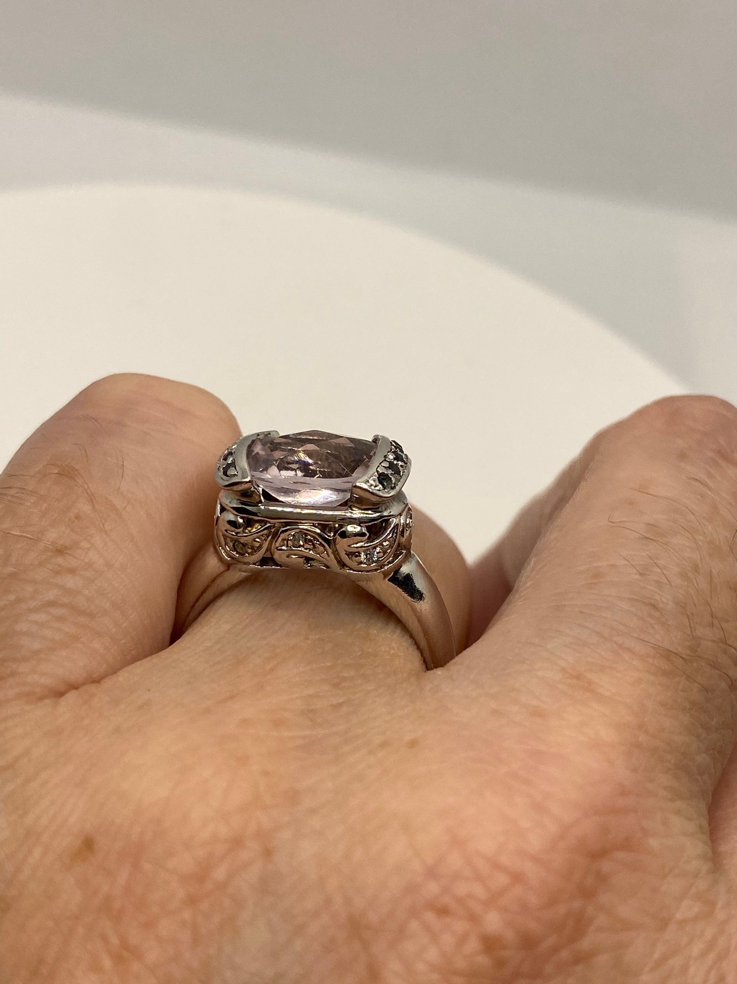 Vintage Pink Kunzite and white Sapphire Setting 925 Sterling Silver Gothic Ring