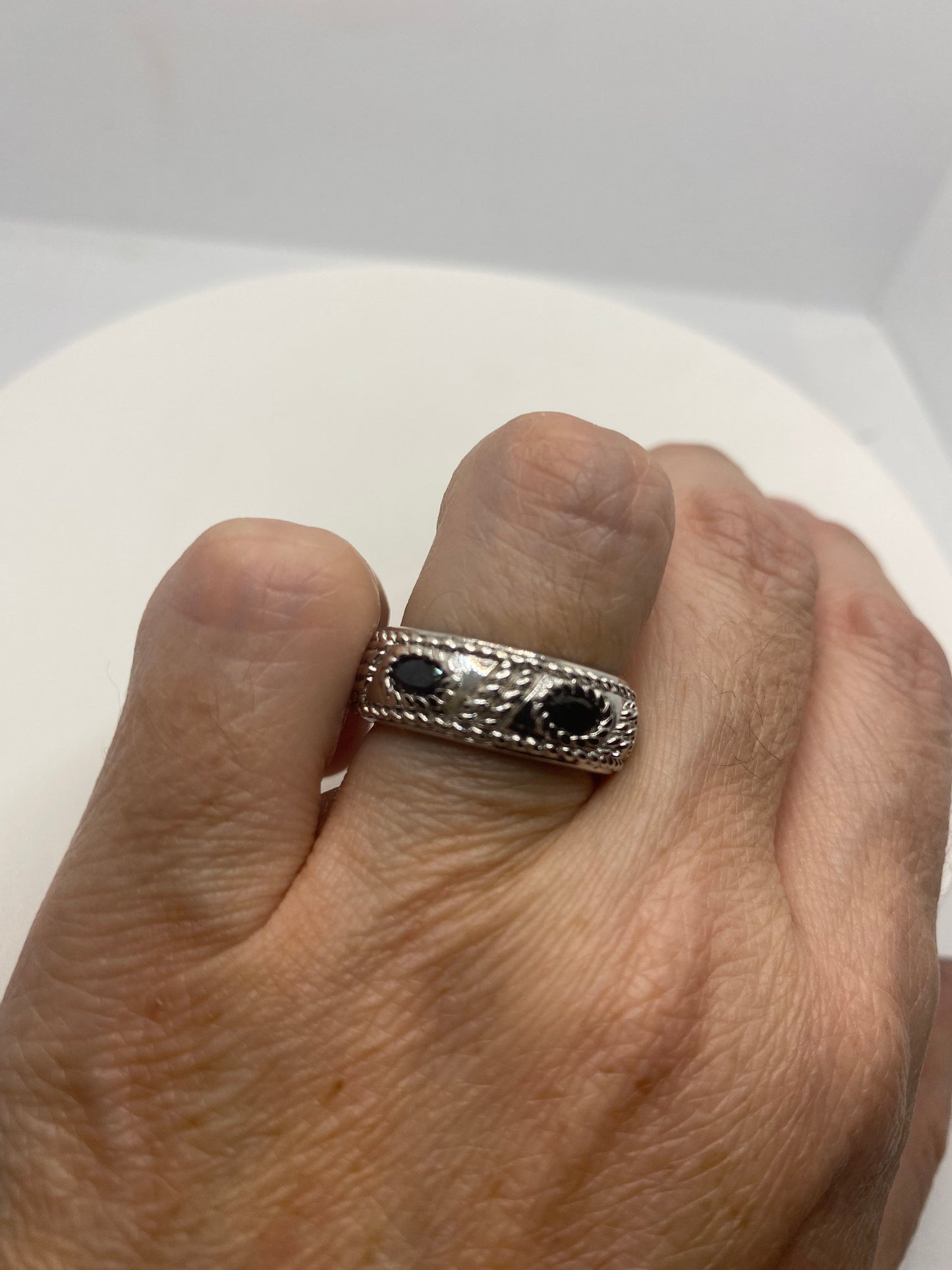 Vintage Handmade Deep Blue Sapphire 925 Sterling Silver Gothic Wedding Band Ring