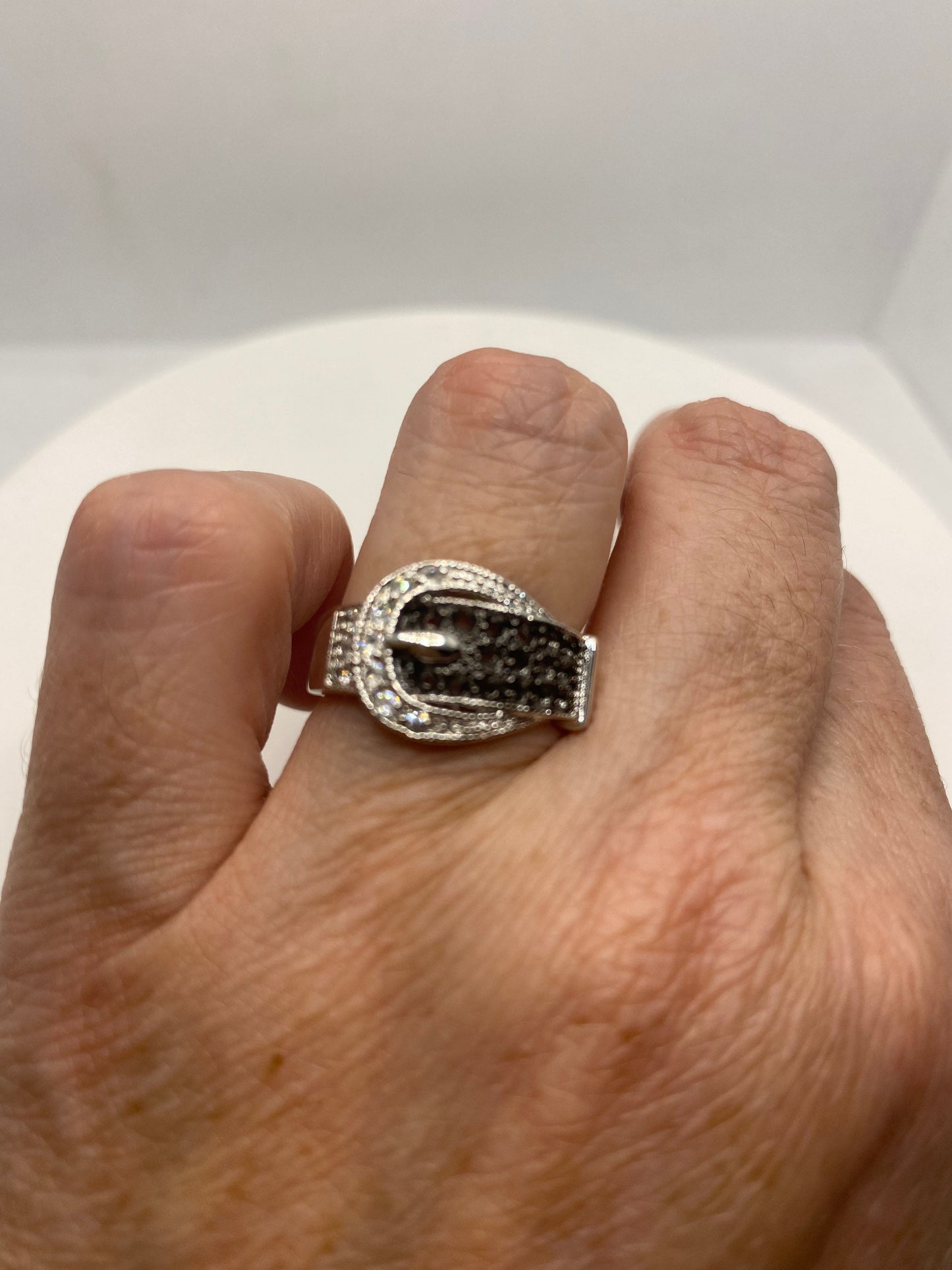 Vintage White Sapphire 925 Sterling Silver Buckle Wedding Band Ring