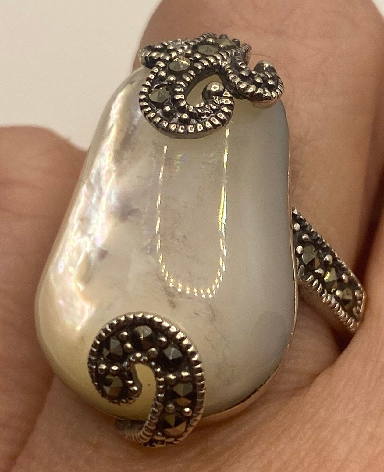 Marcasite Mother of Pearl Cocktail Ring in 925 Sterling Silver Size 7 Vintage Handmade
