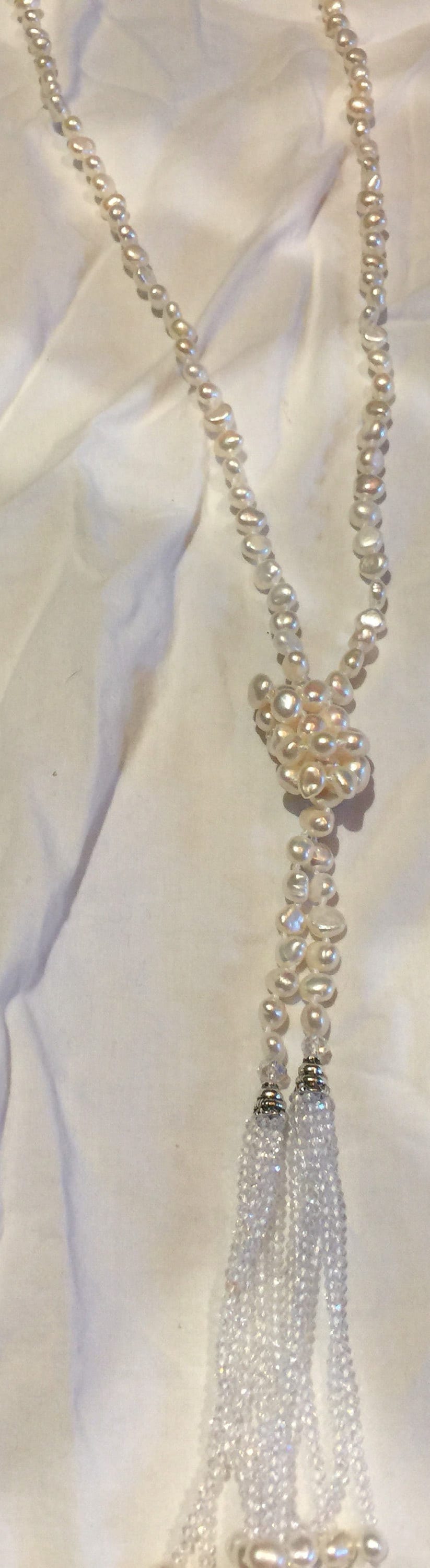 Hand Wrapped White Pearl Tassel Lariat Necklace